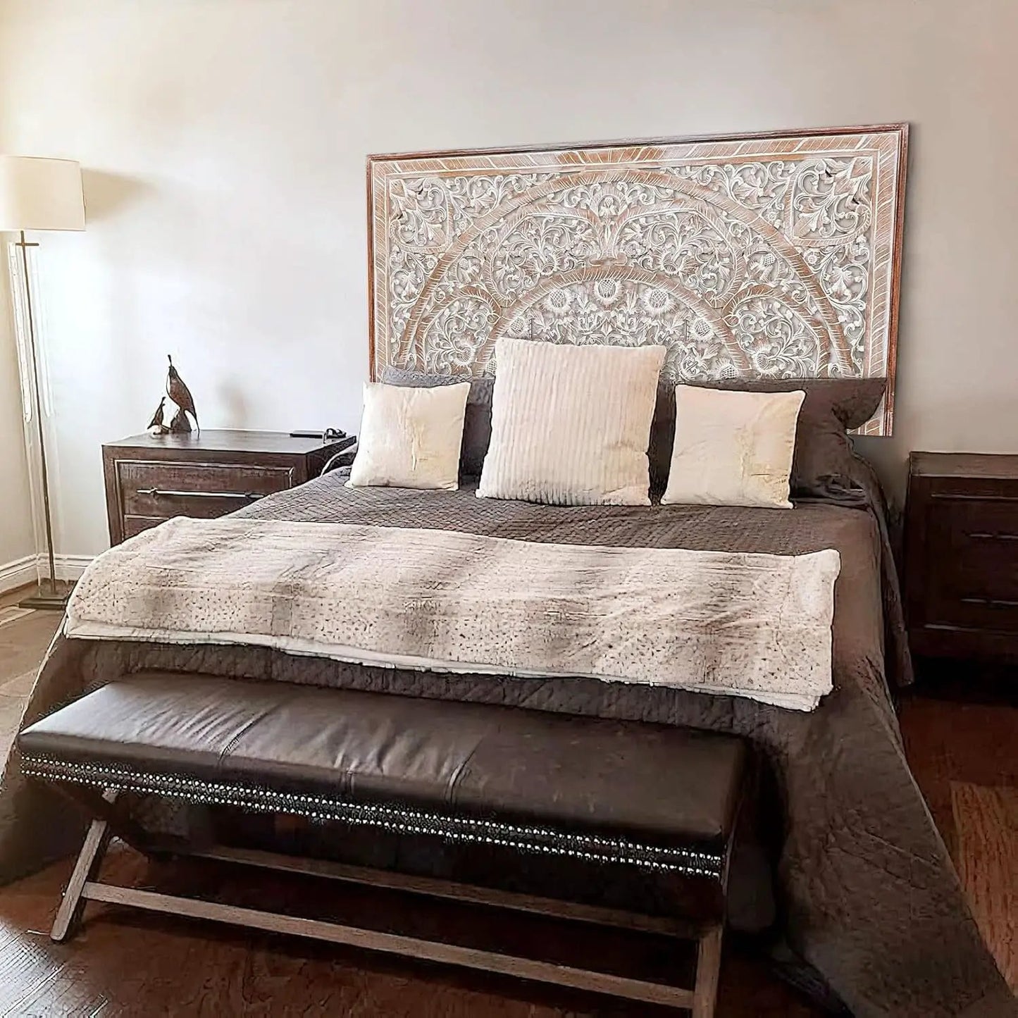 Handcrafted White-Wash Wooden Queen Headboard with Carved Design from PriceLows™