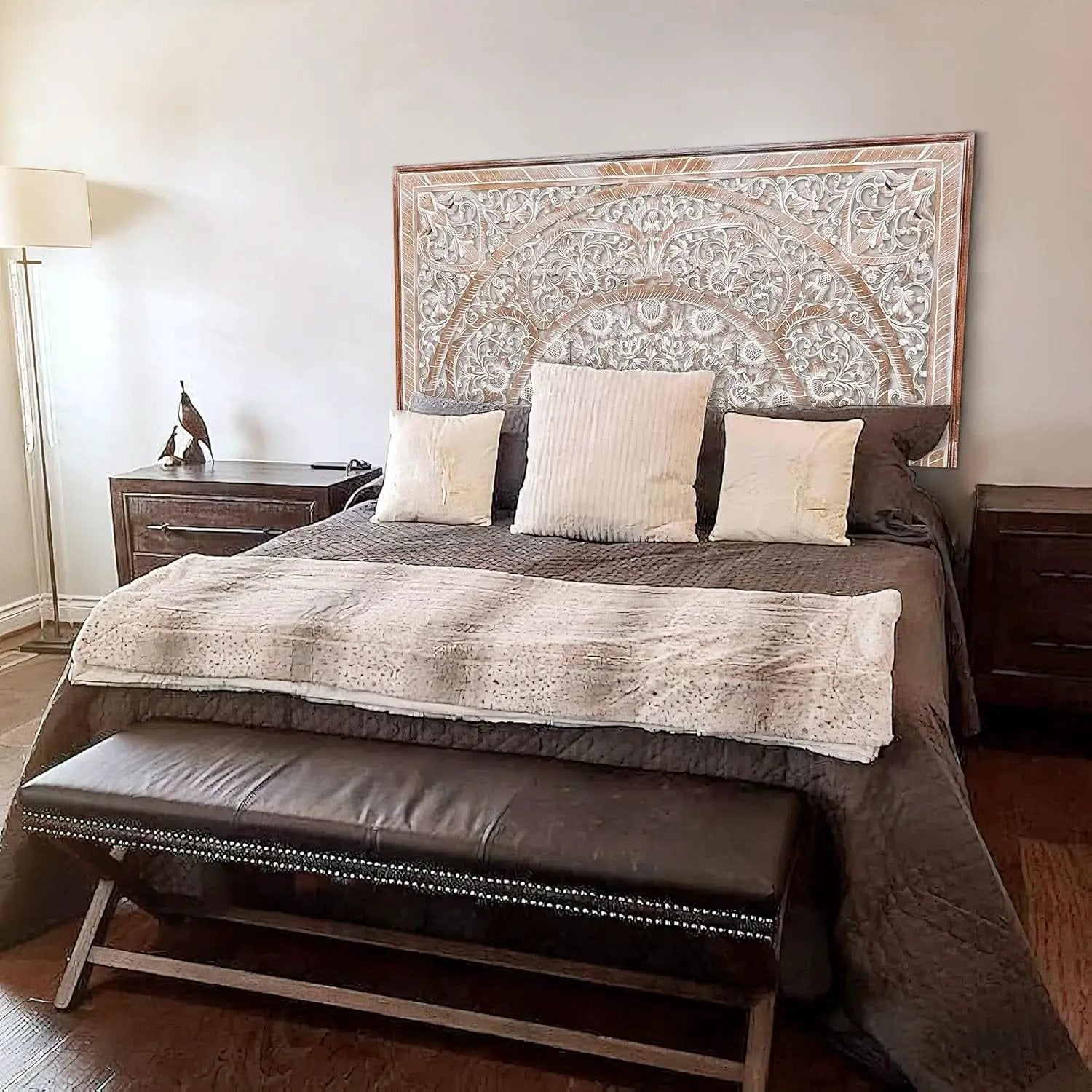 Handcrafted White-Wash Wooden Queen Headboard with Carved Design from PriceLows™