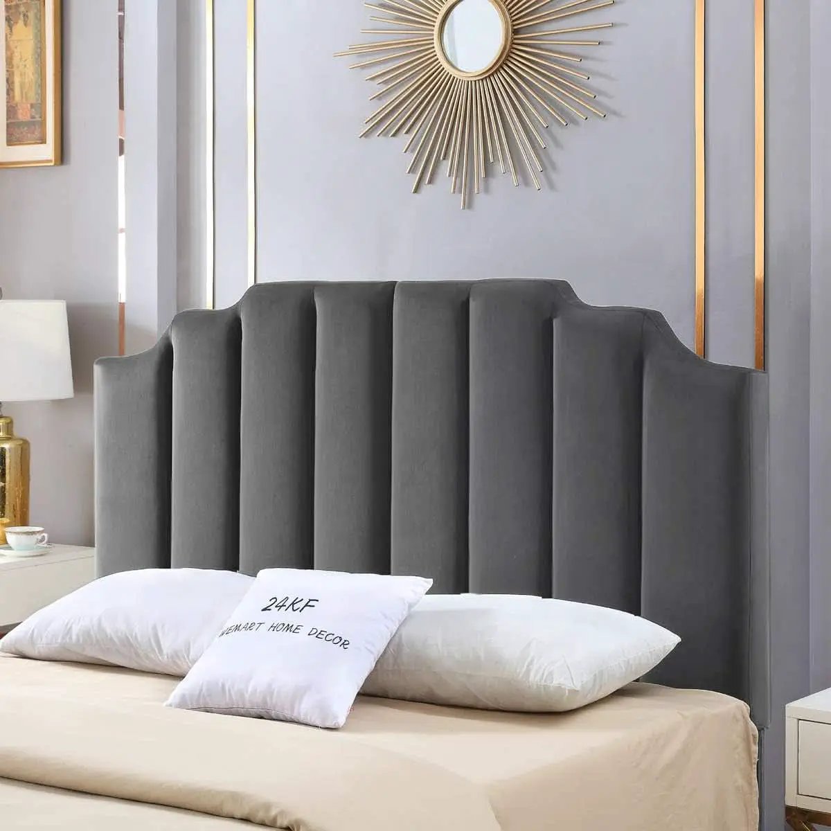 Dark Gray Velvet Tufted Queen Headboard with Curved Design from PriceLows™