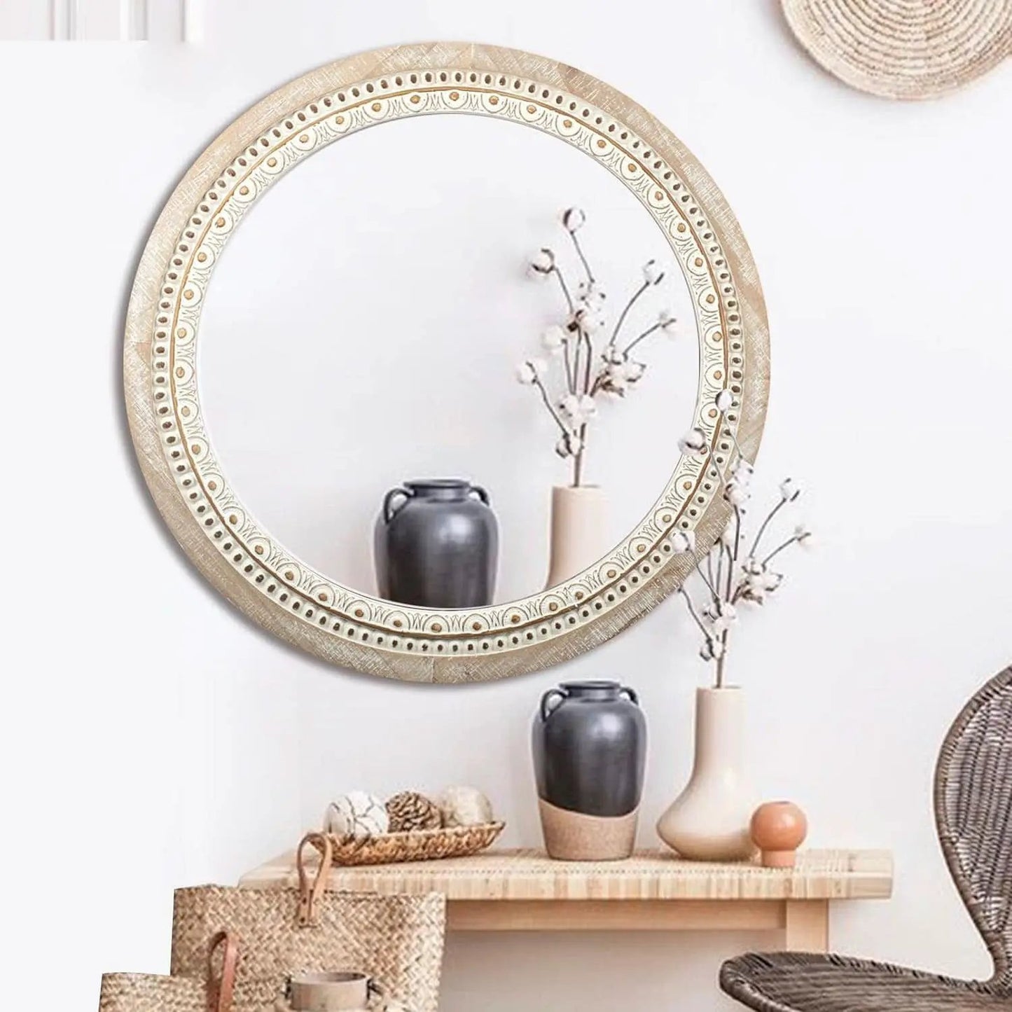Farmhouse Rustic 30 Inch Wooden Round Mirror Wall Decor from PriceLows™