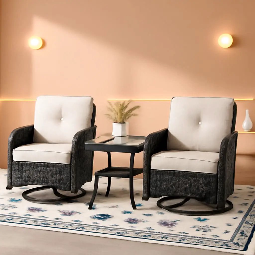 3 Piece Black Wicker Patio Furniture Set With Swivel Rocker Chairs And Side Table Beige Cushions from PriceLows™