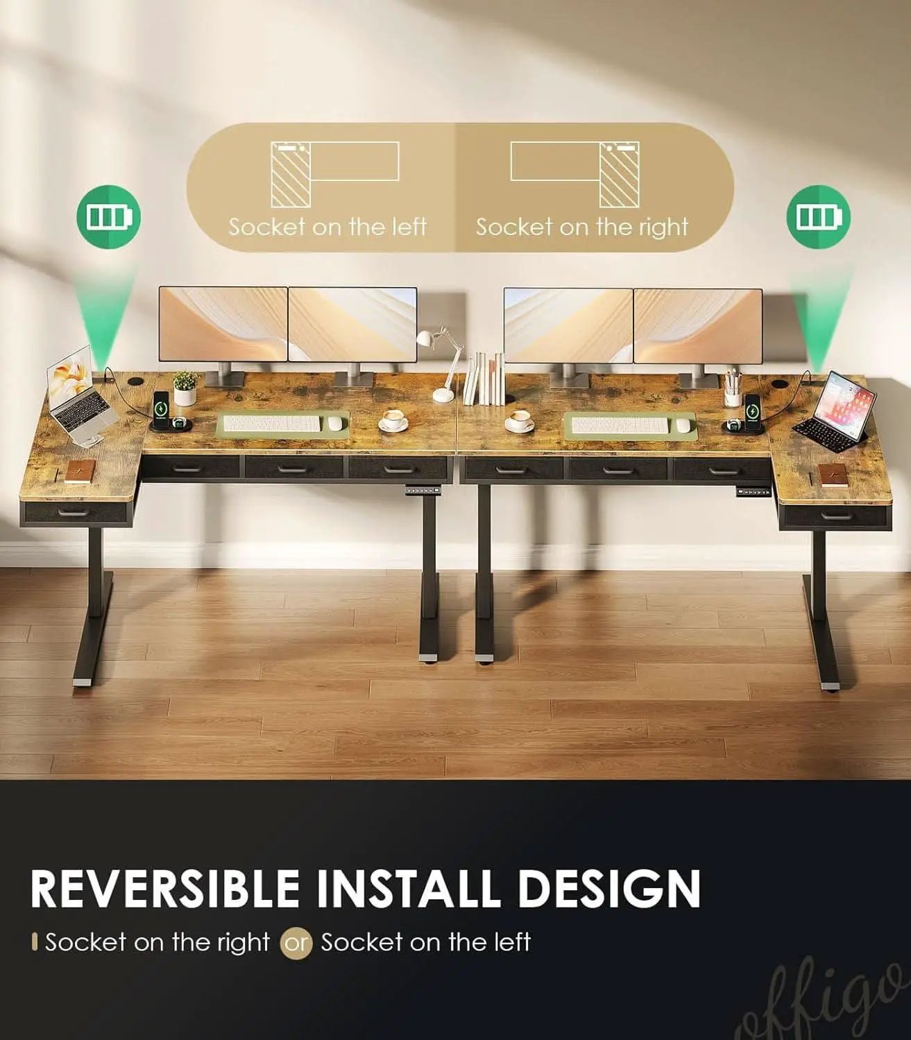 Sixty Three Inch L Shaped Electric Height Adjustable Desk Drawers from PriceLows™