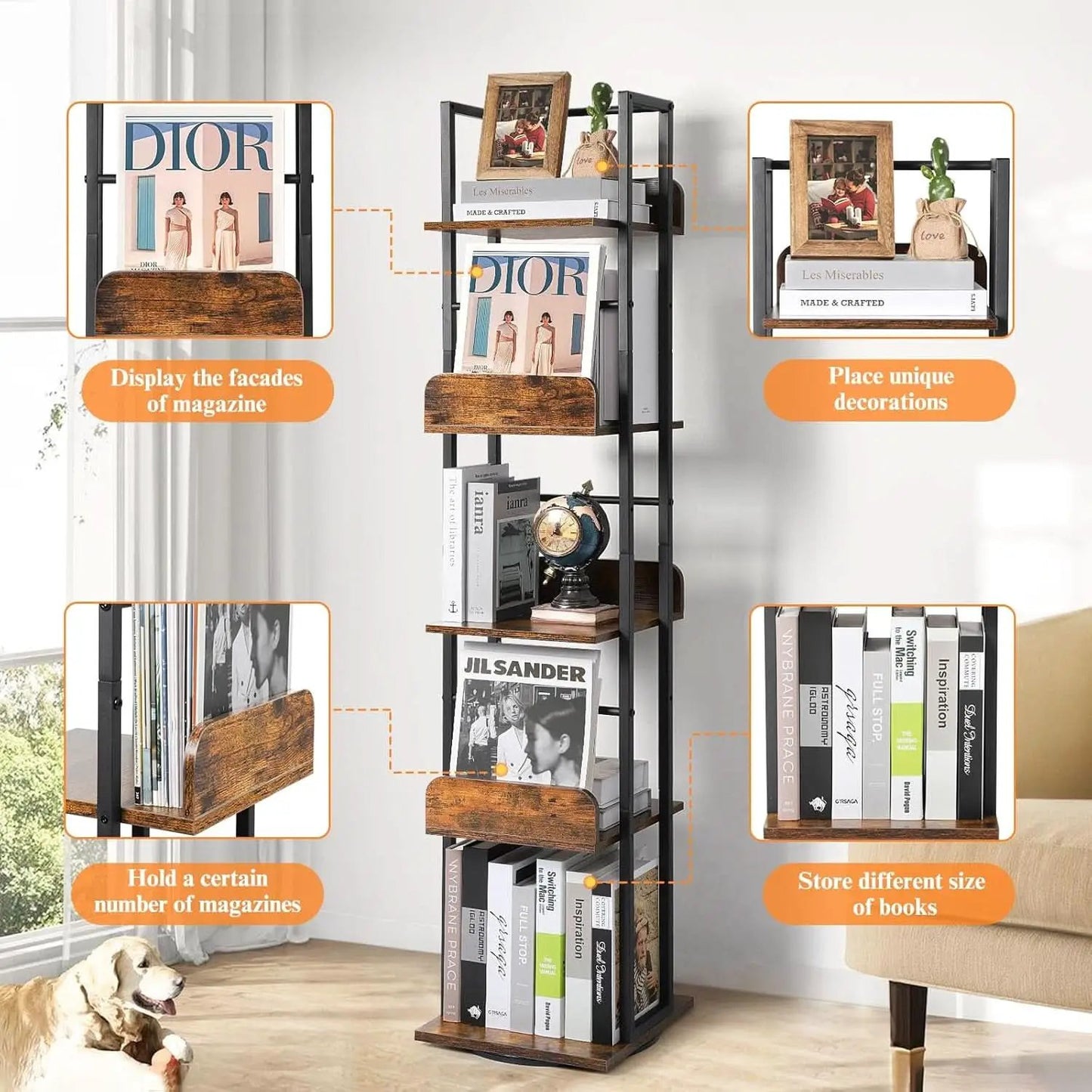 Black 5-Shelf 360 Degree Rotating Corner Bookshelf Tower from PriceLows™