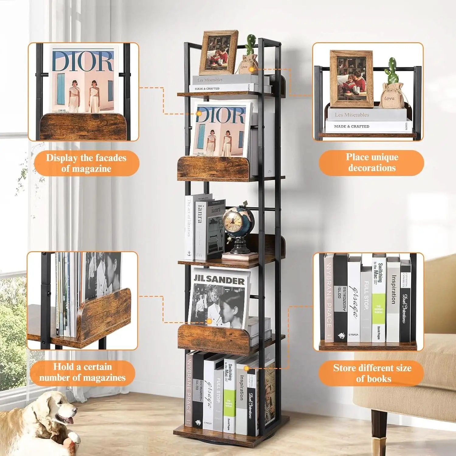 Black 5-Shelf 360 Degree Rotating Corner Bookshelf Tower from PriceLows™