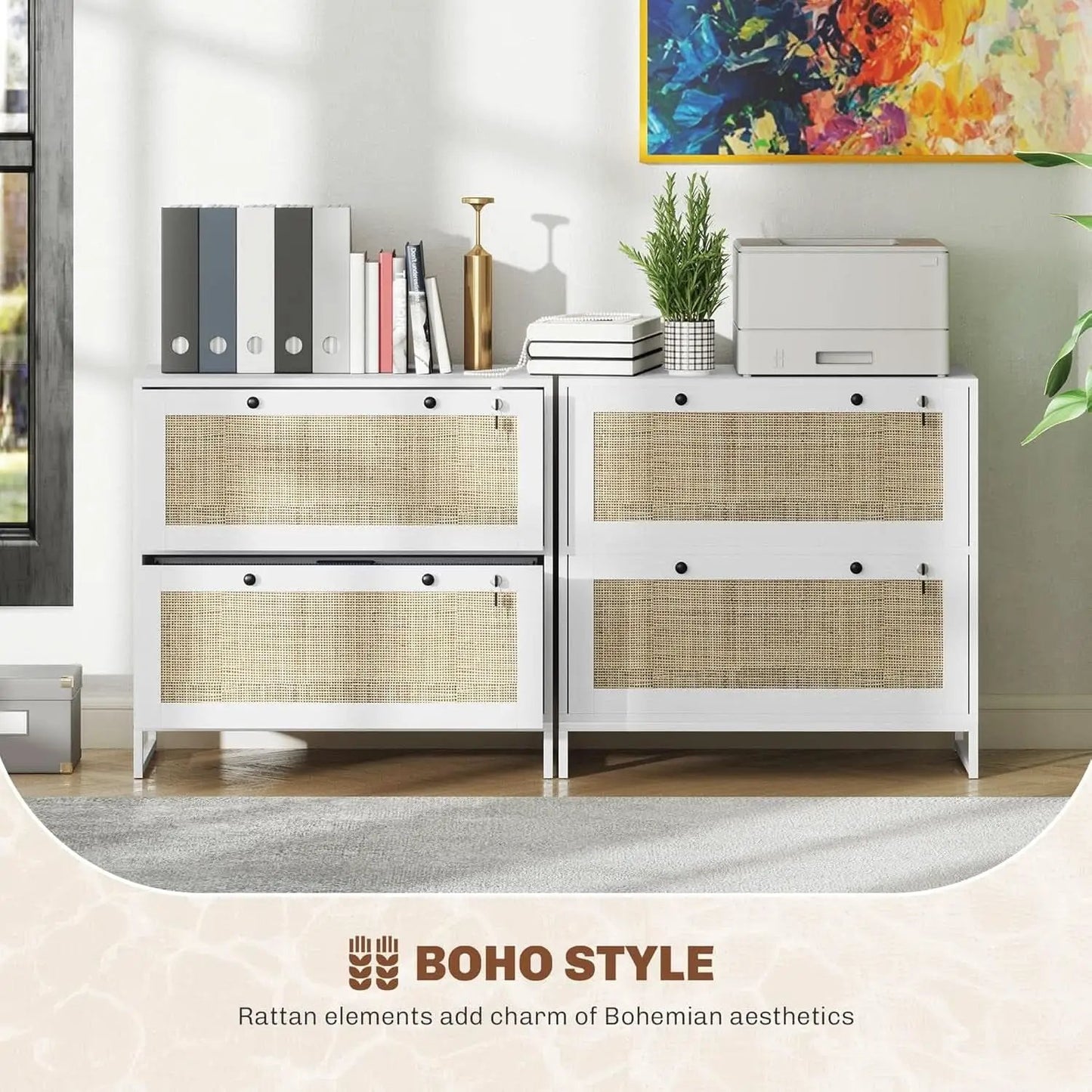 White Rattan 2 Drawer Locking Lateral File Cabinet from PriceLows™