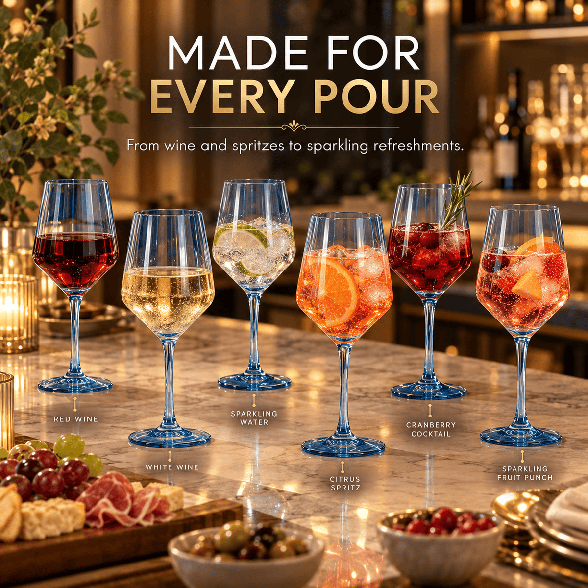Blue Wine Glasses-12 oz - Dark Blue | 12 oz | Set of 6 | Glass