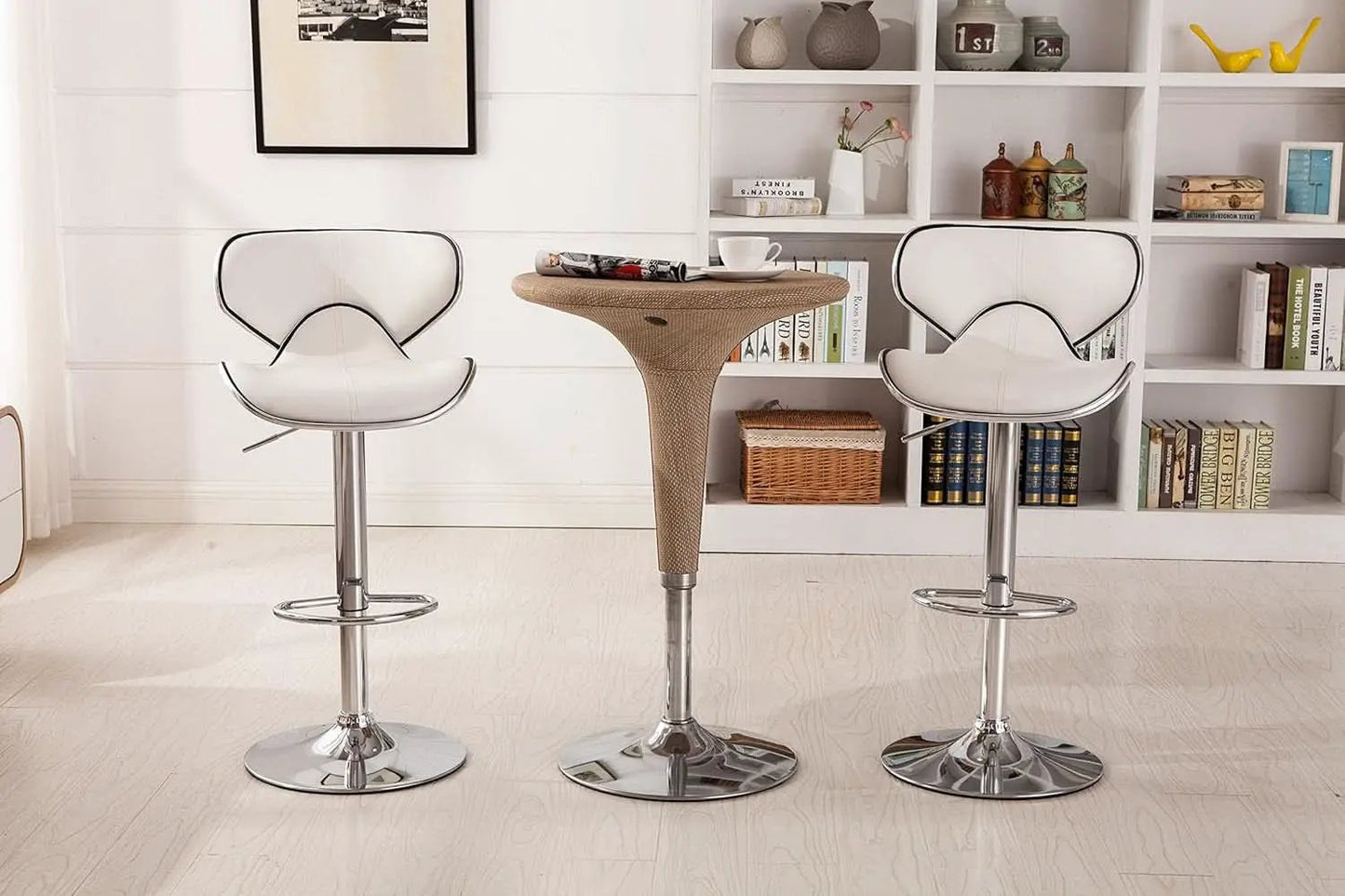 White Cushioned Leatherette Barstool Set Of 2 Adjustable Height Swivel from PriceLows™