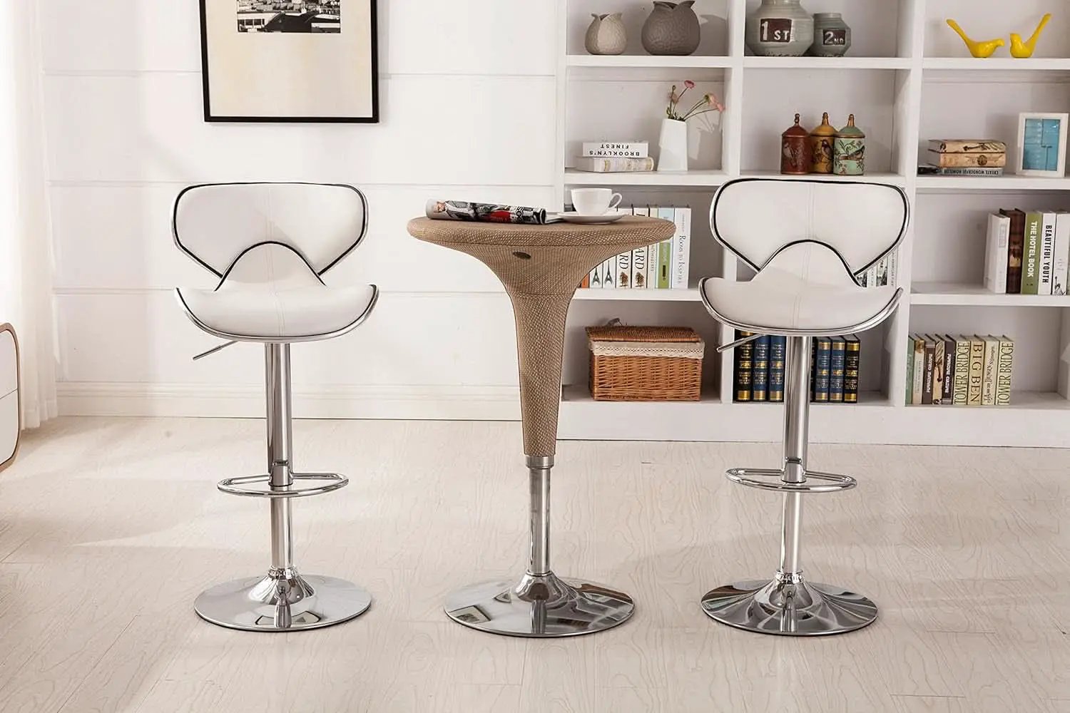 White Cushioned Leatherette Barstool Set Of 2 Adjustable Height Swivel from PriceLows™