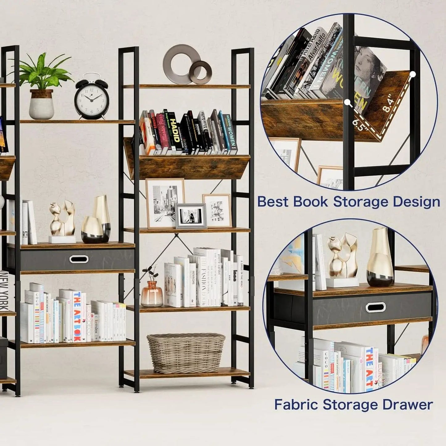 Triple Wide Five Tier Bookshelf Rustic Brown Finish from PriceLows™