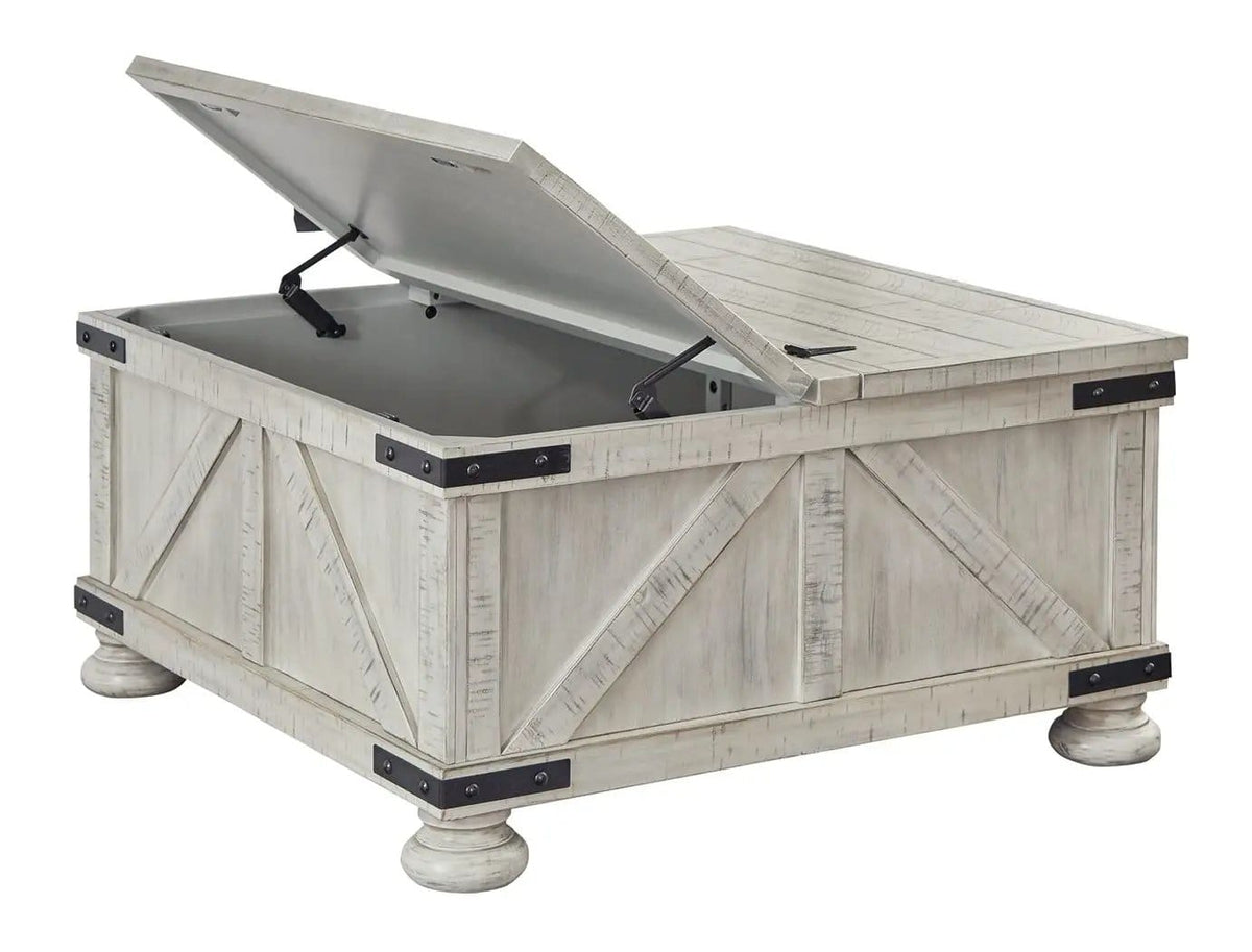 Carynhurst Cocktail Table with Storage | 36 x 36 x 18.25 in | Engineered Wood & Metal | Whitewash