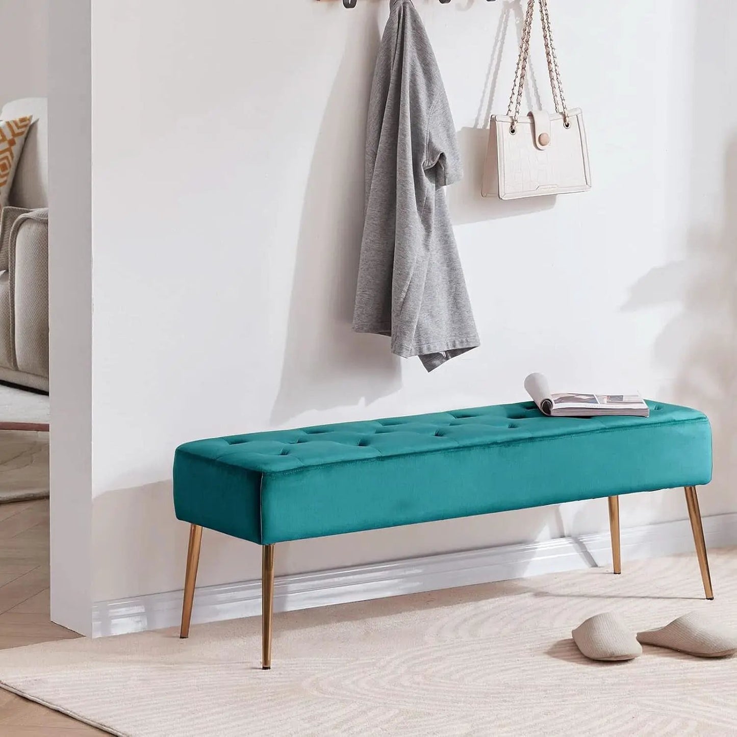 Velvet Upholstered Button Tufted Ottoman Gold Base from PriceLows™