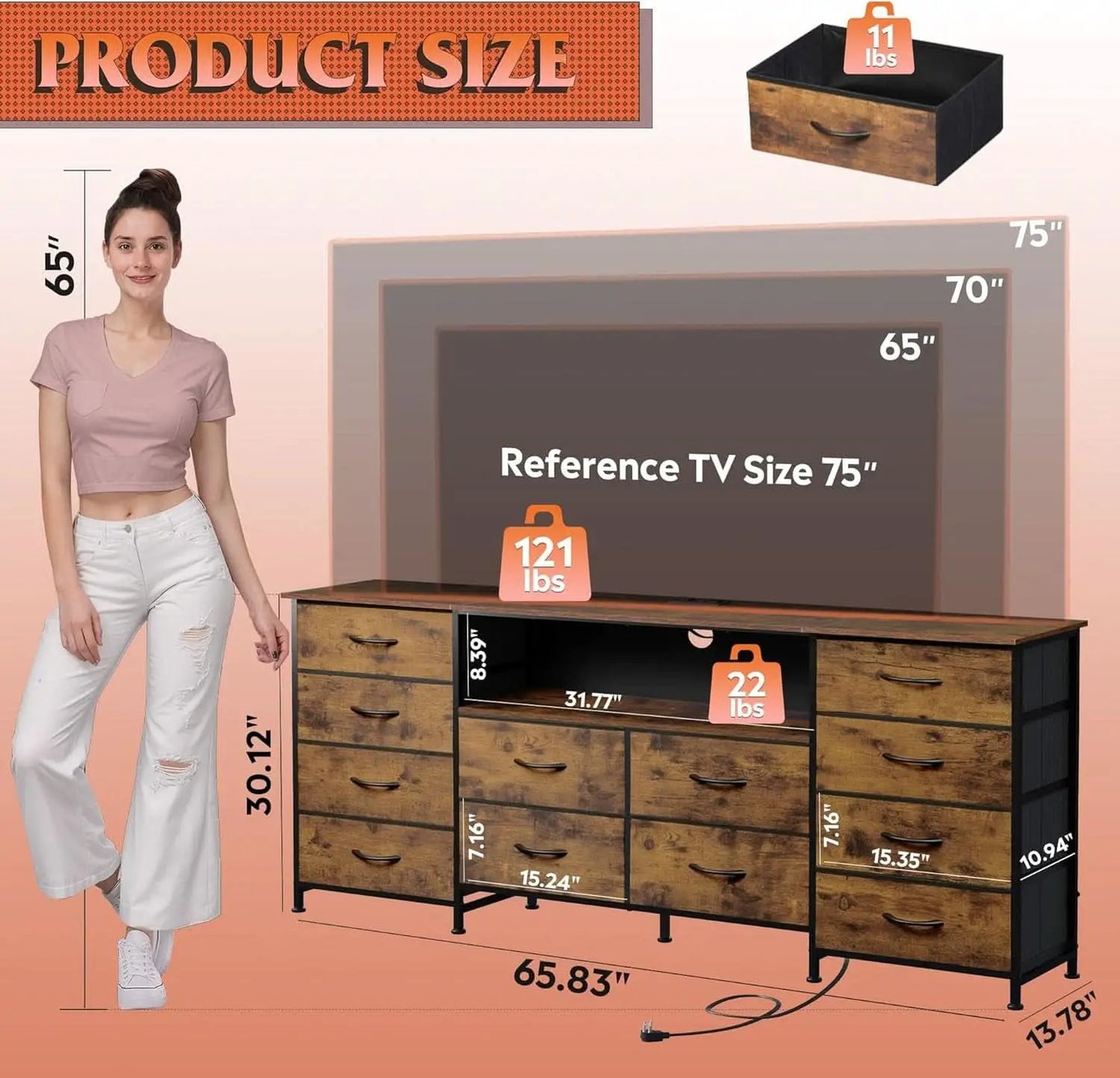 Twelve Drawer Dresser LED TV Stand Rustic Brown Finish from PriceLows™