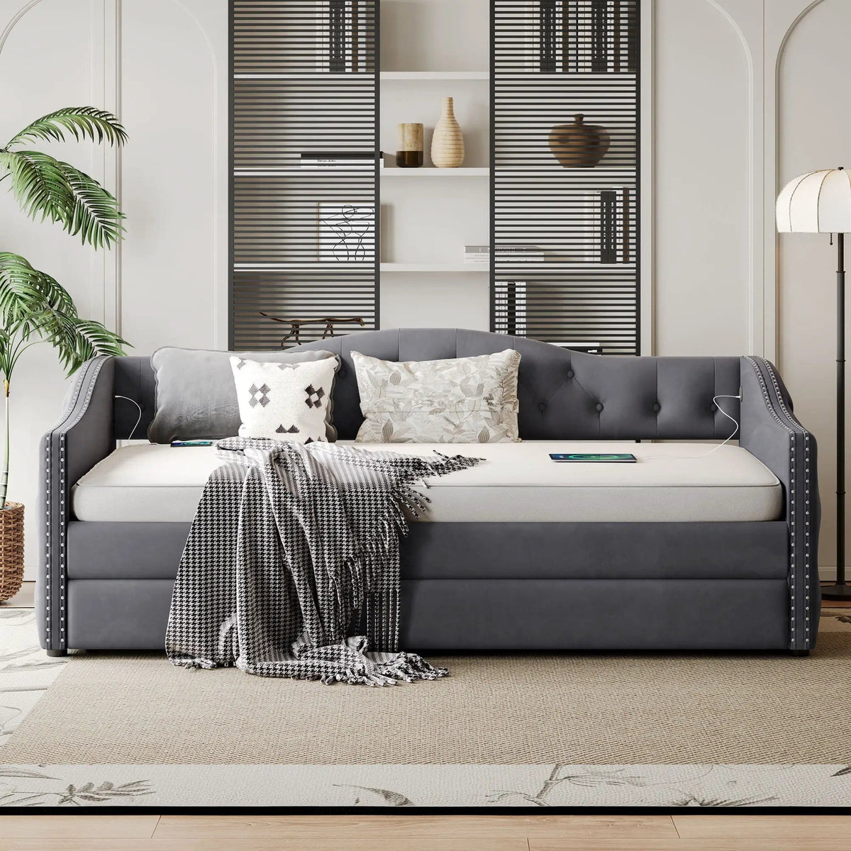 Twin Size Upholstered Daybed With Trundle And USB Charging Design For Bedroom - | 81.1 x 40.55 x 29.5 in | Fabric | Gray