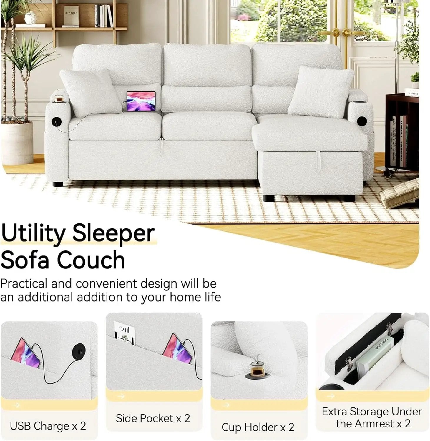 Pull Out Convertible Sofa Bed With Hidden Storage Teddy White from PriceLows™