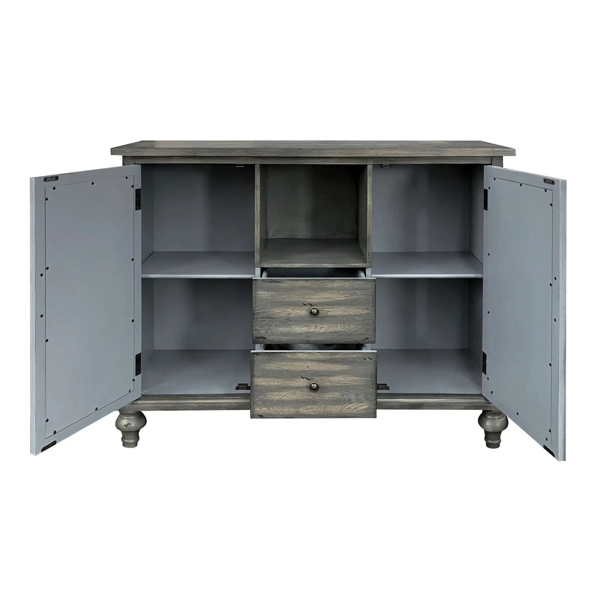 Velika Weathered Console Table | Gray Finish | Open Compartment Storage | Two Doors