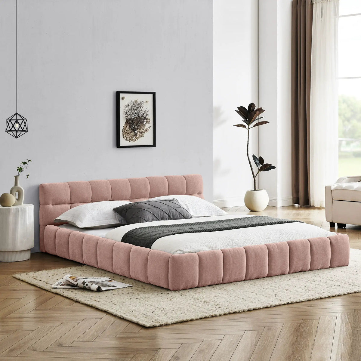 Modern Platform Storage Bed Frame | Thick Fabric Upholstery | Soft Headboard | Solid Construction