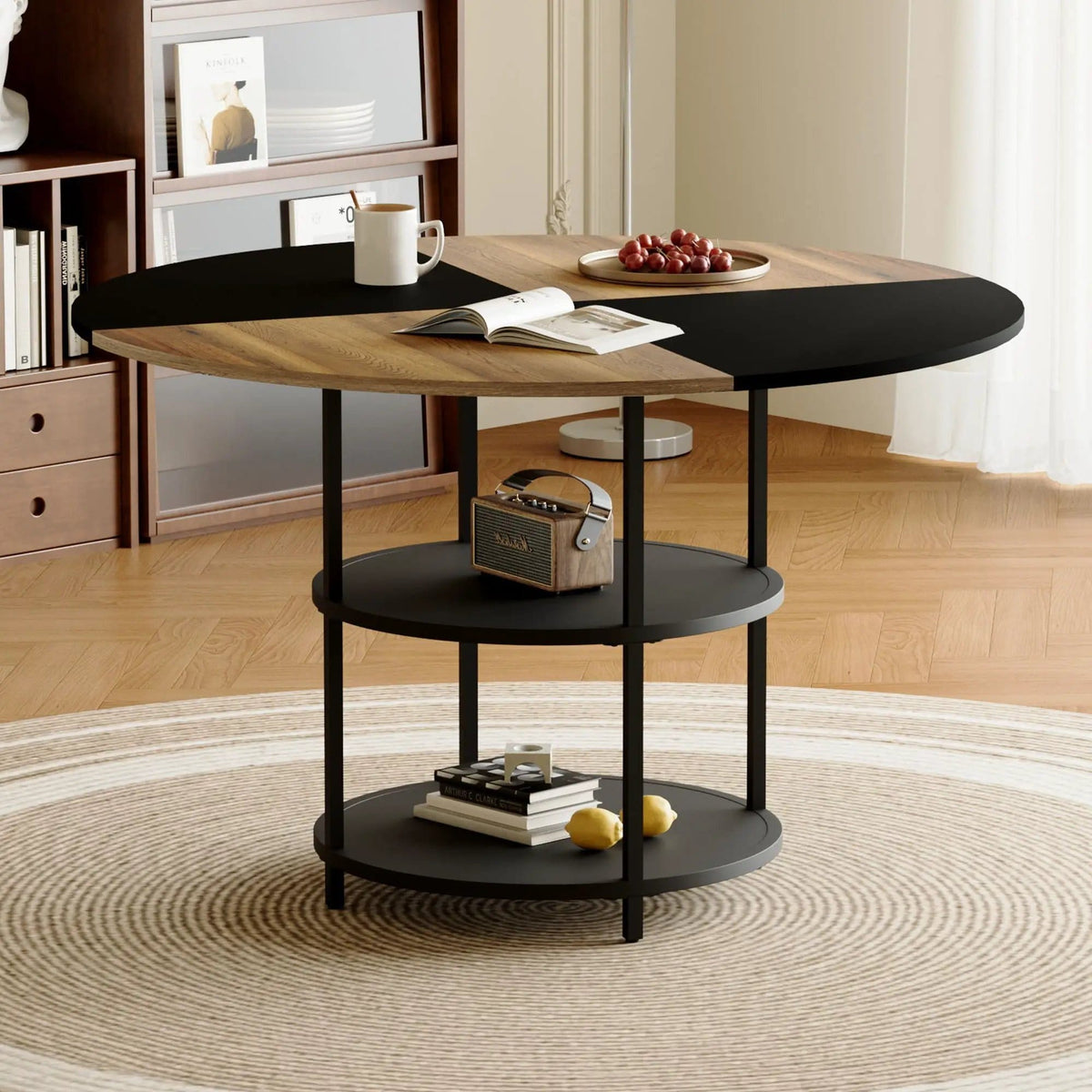 Diameter Modern Splicing Circular Dining Table Double Layer Storage | 47.3 x 47.3 x 29.7 in | Metal & Mdf | Wood / Black