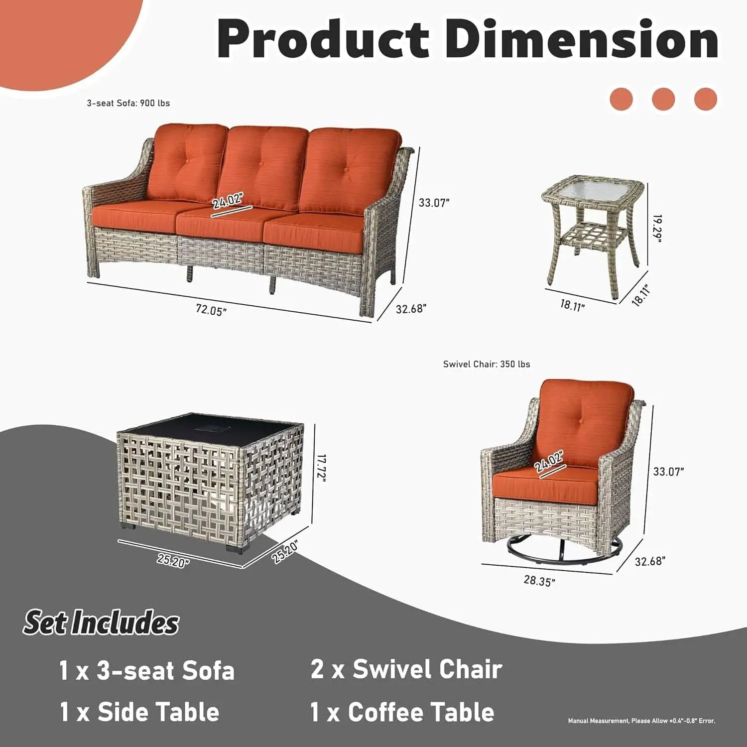 Orange 5 Piece Outdoor Patio Furniture Set With 3 Seat Sofa from PriceLows™