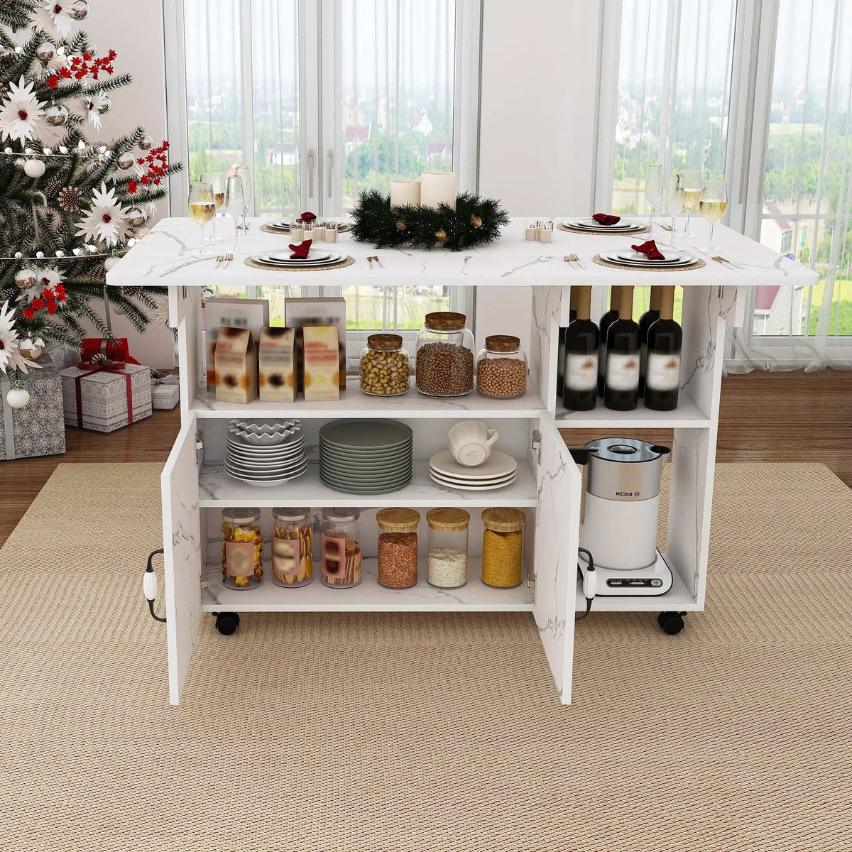 Multi Functional Folding Table With Storage Shelves And Wheels Island | 3 Pieces | Home Furniture | Home