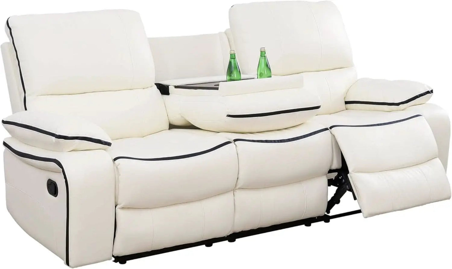 Creamy White Leather Recliner Sofa Set With Storage Console from PriceLows™