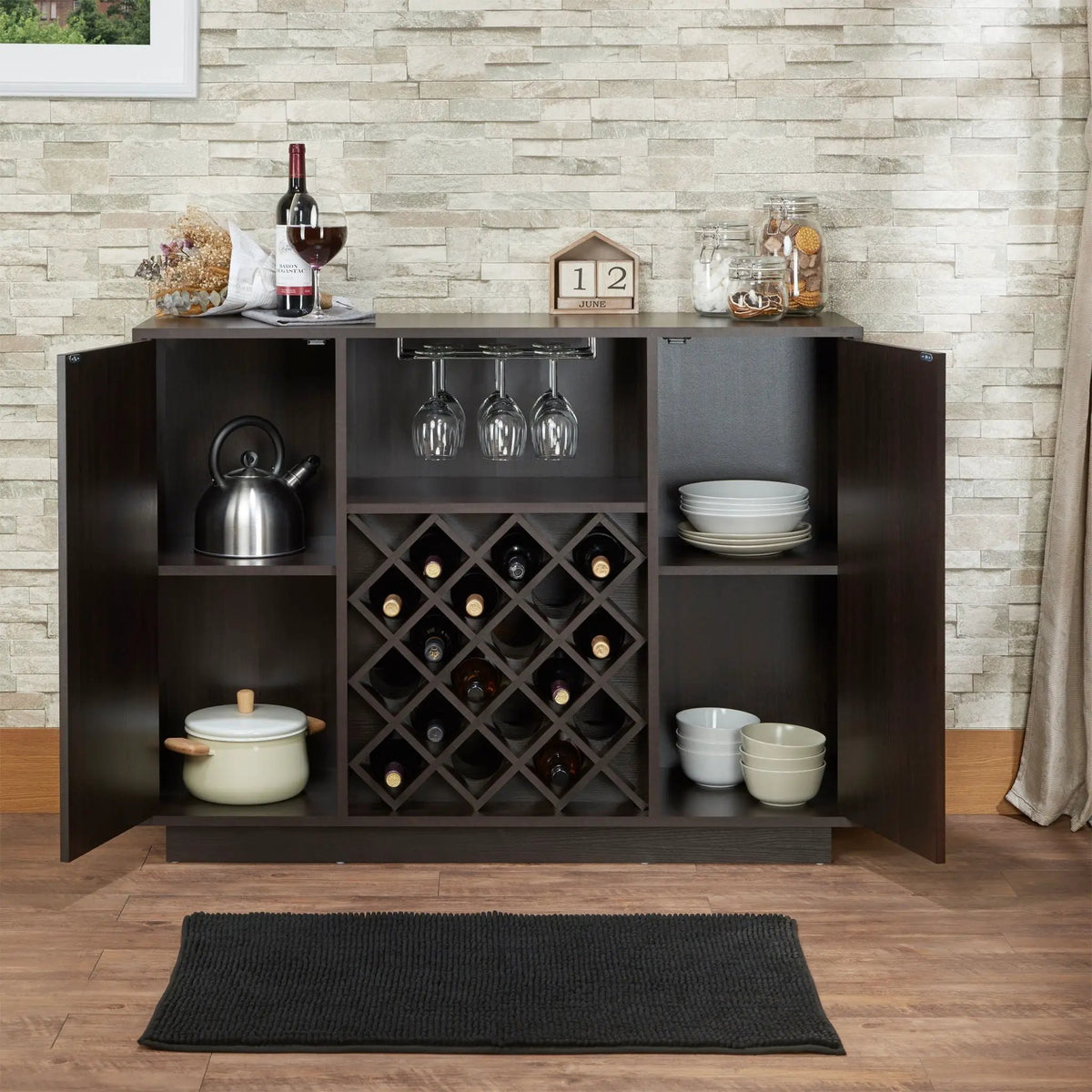 Hazen Wine Cabinet | Espresso Finish | Holds 18 Bottles | Stemware Holder