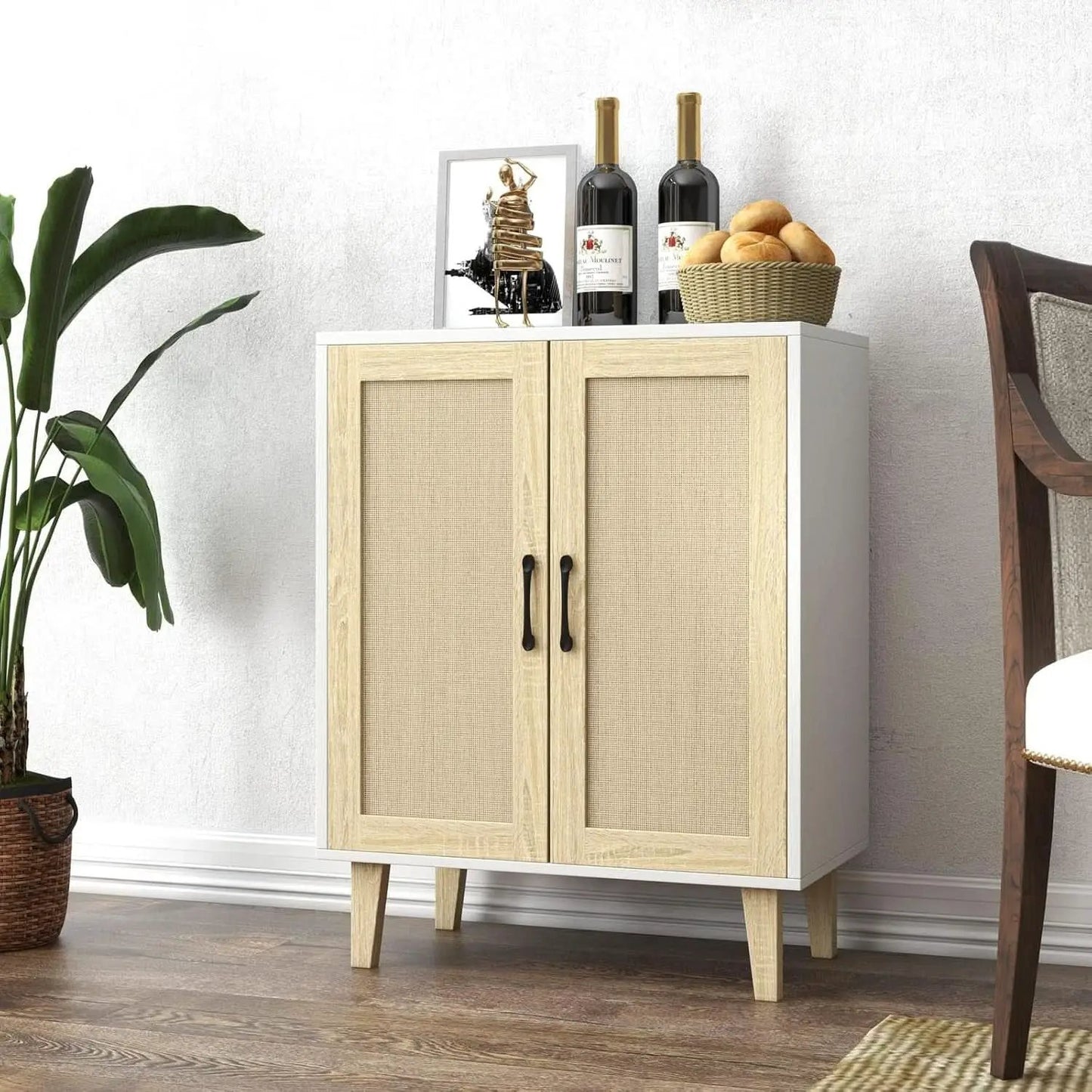 White Buffet Cabinet Sideboard With Rattan Doors Storage from PriceLows™
