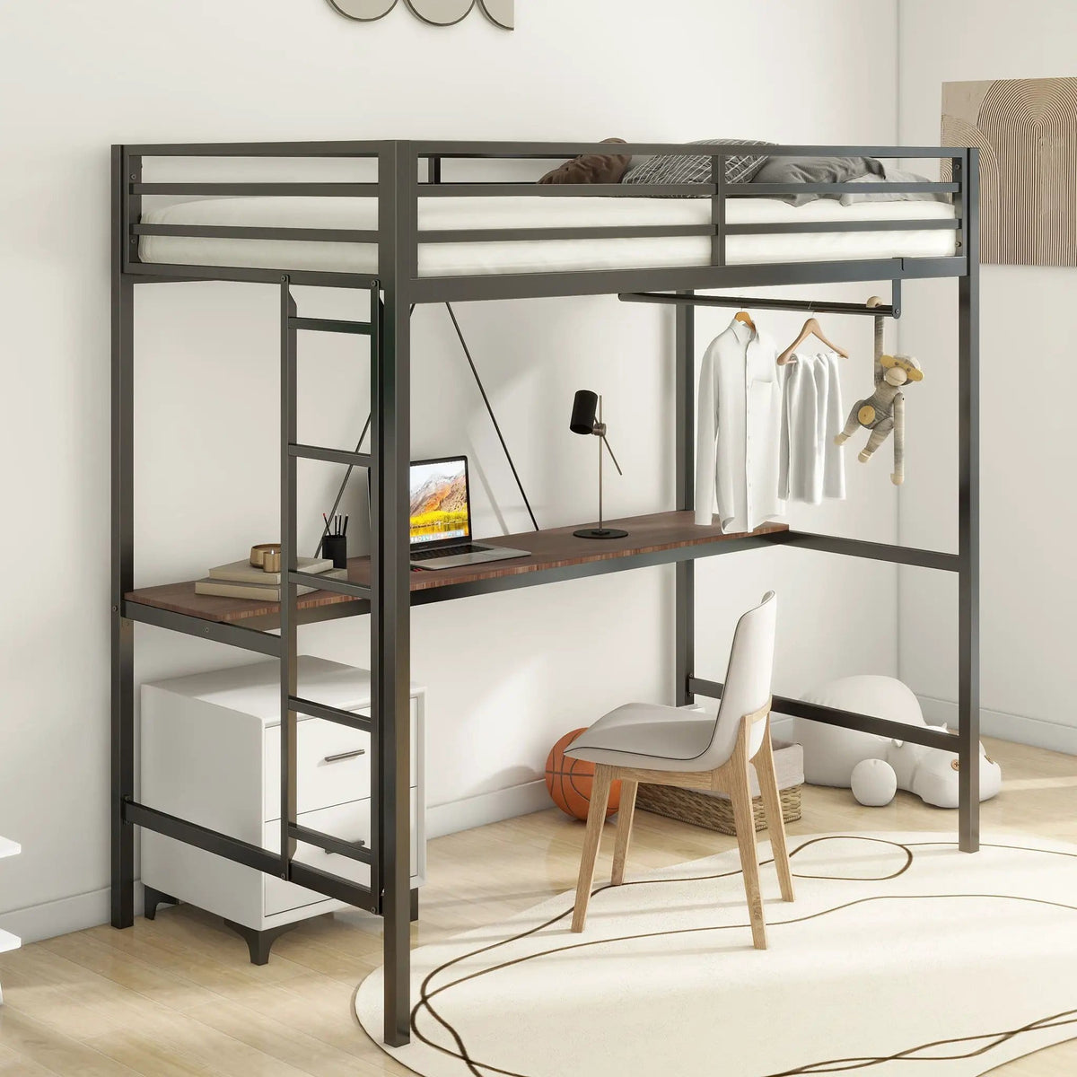 Adam Twin Loft Bunk Bed With Cinnamon Wood Desk And Closet Rod | 76.69 x 40.94 x 72.01 in | Metal & Wood | Black