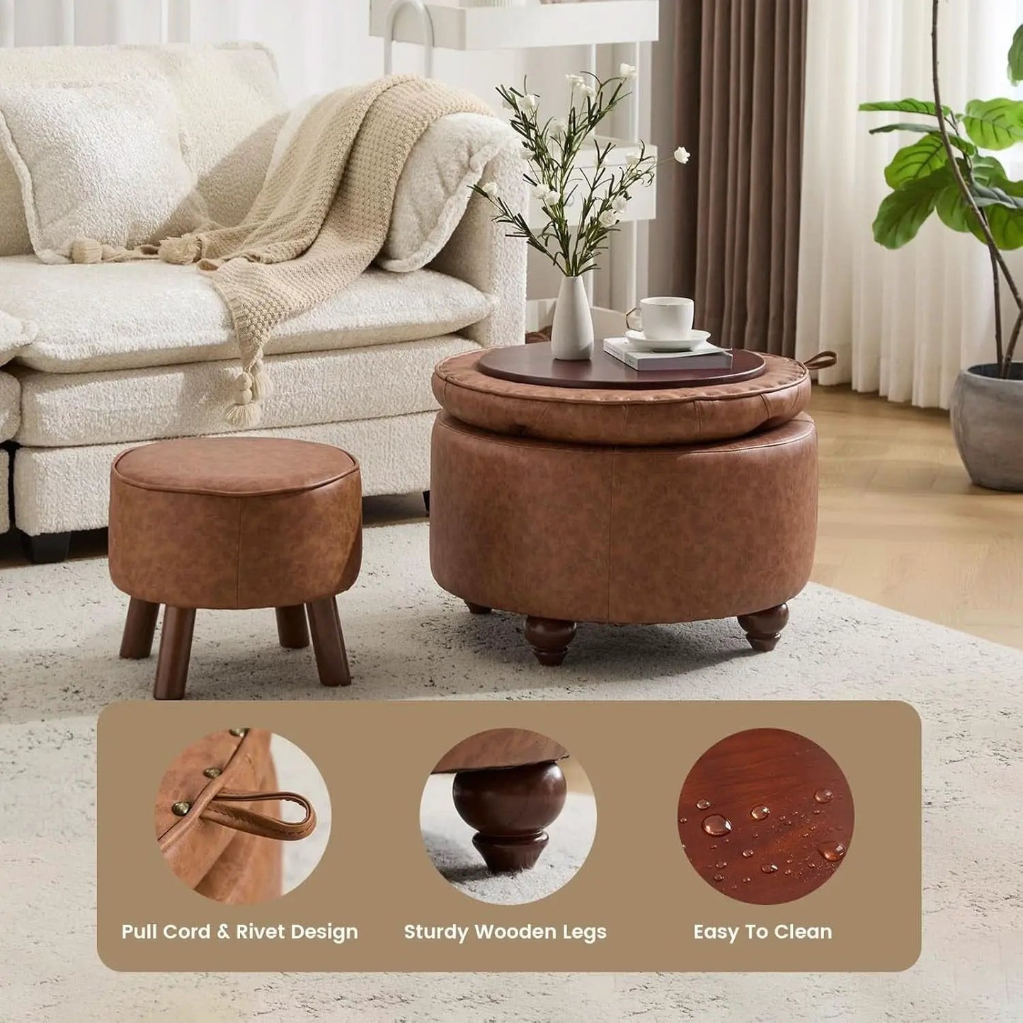 Twenty FourInch Round PU Leatherette Storage Ottoman from PriceLows™