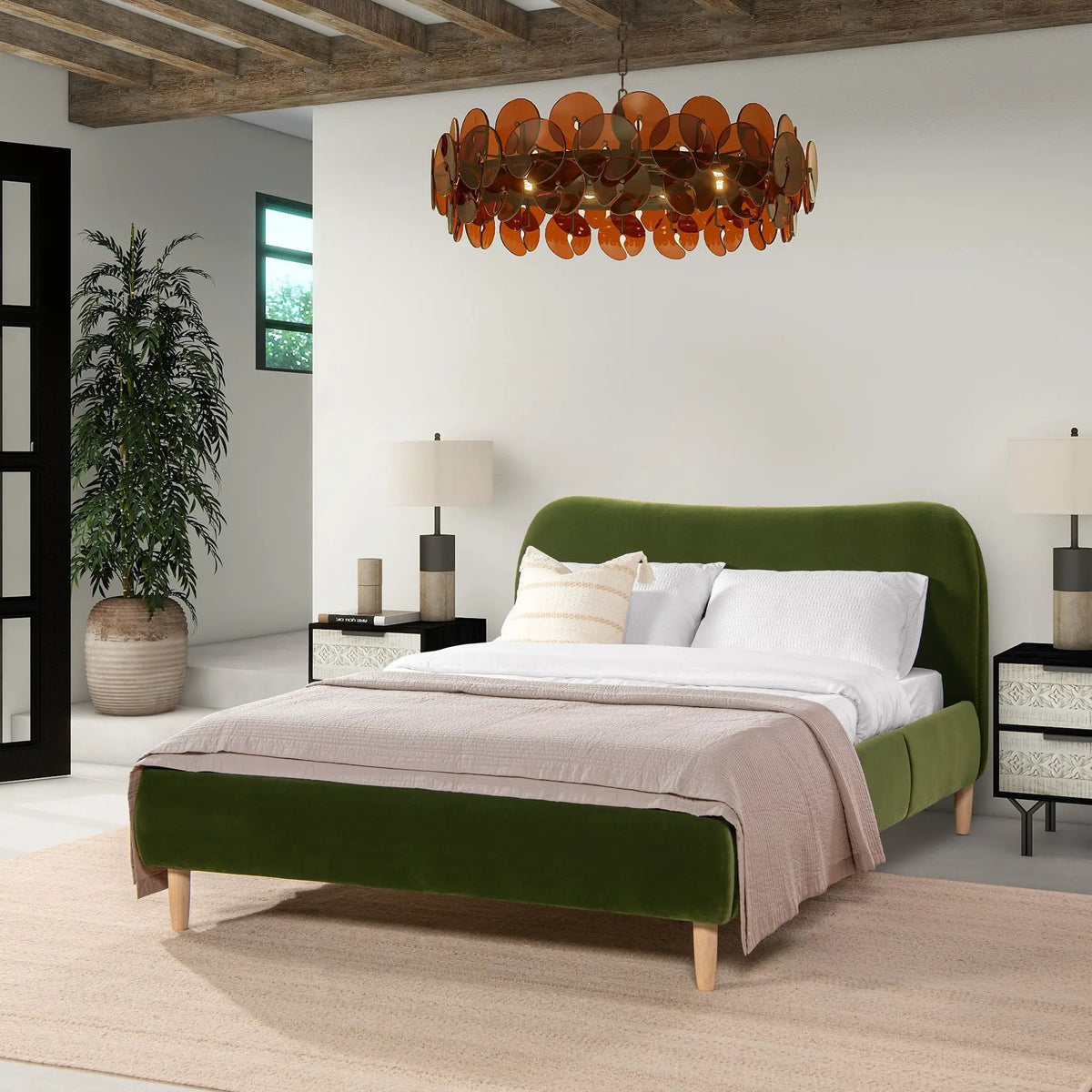Roman Upholstered Platform Bed | Curved Headboard | Upholstered Rails | Eco-Friendly Construction