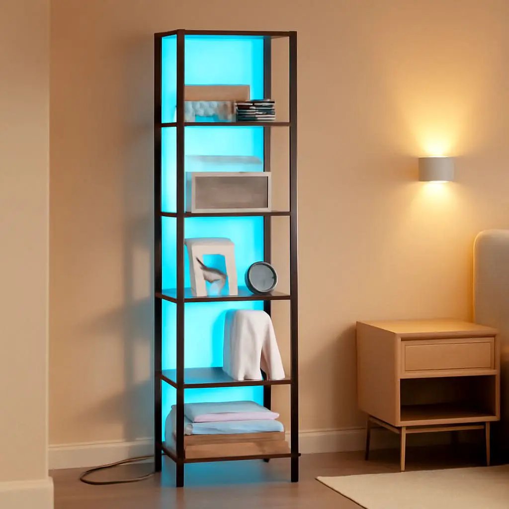 6 Tier Bookshelf With LED Lights In Rustic Brown Living Room from PriceLows™