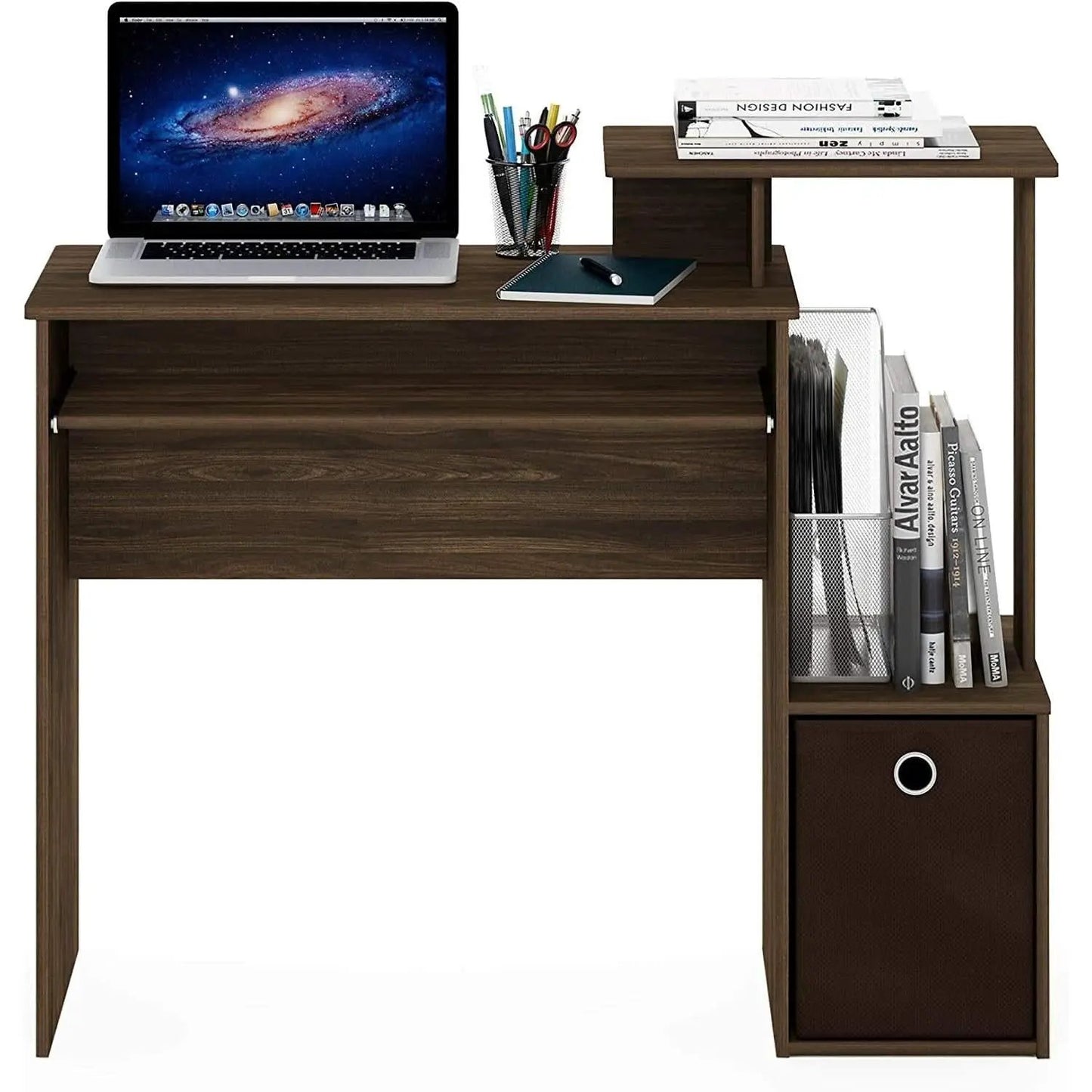 Walnut Compact Desk With Keyboard Tray And Shelves from PriceLows™