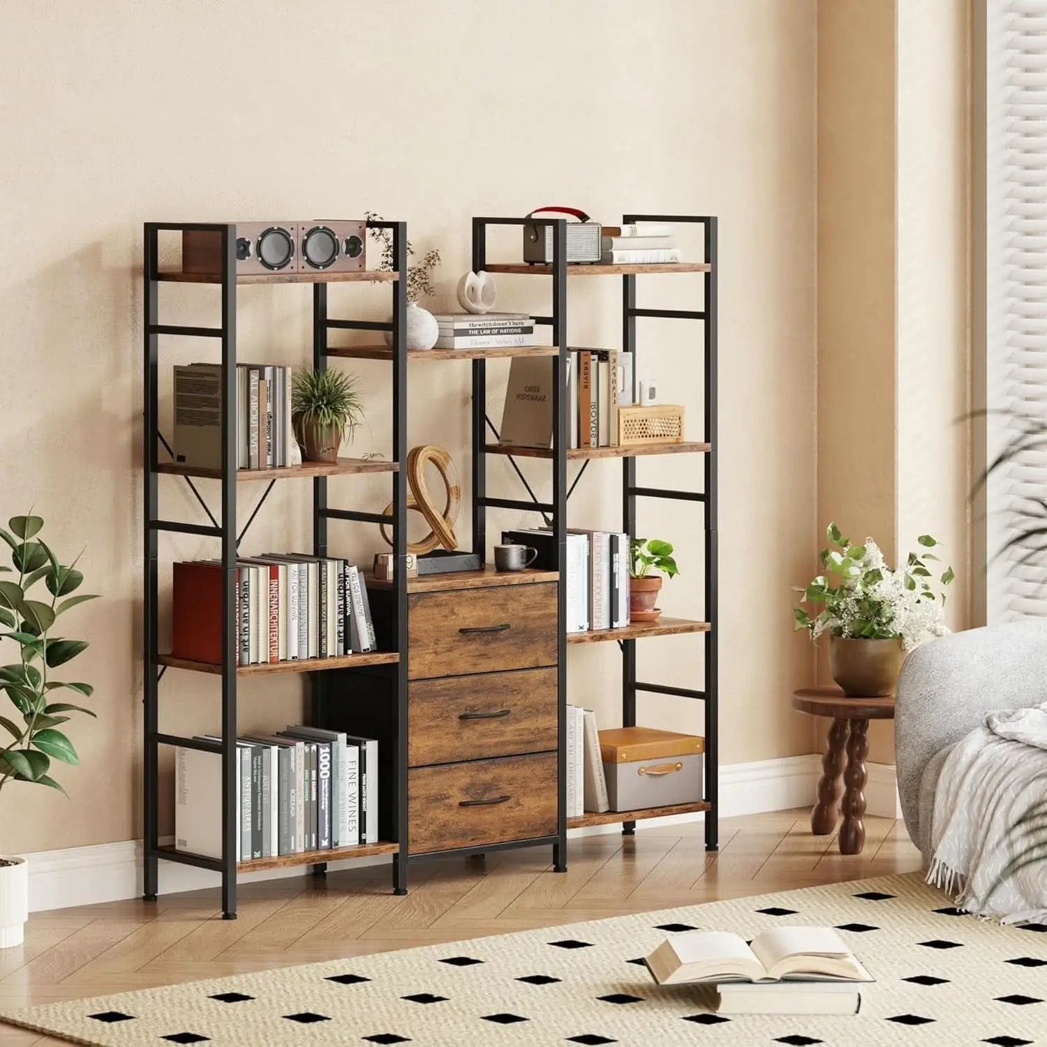 Rustic Brown Triple Bookshelf With Drawers 47 Inch Wide from PriceLows™
