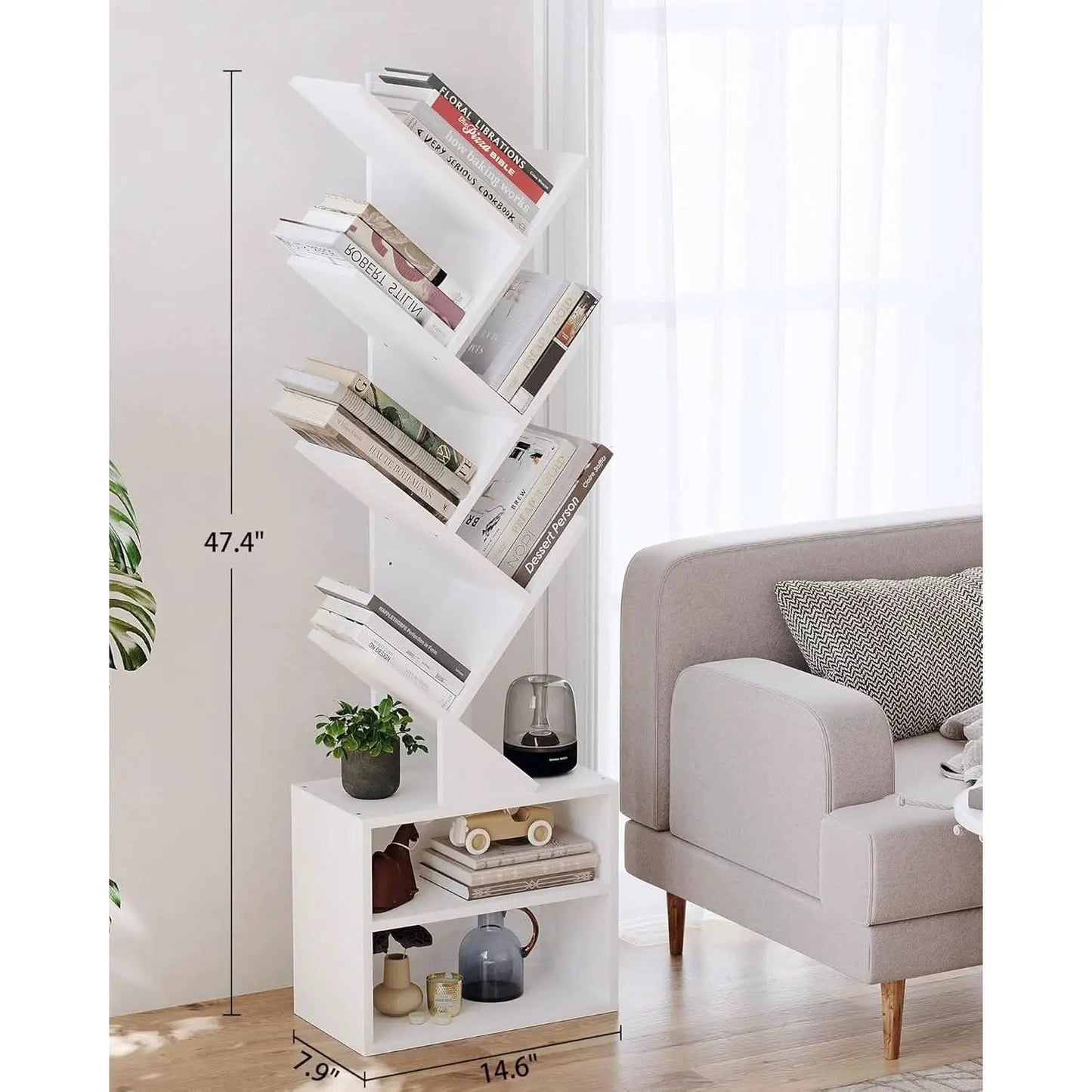 6 Tier Tree Bookshelf Tall Bookcase With Storage Cabinet White from PriceLows™