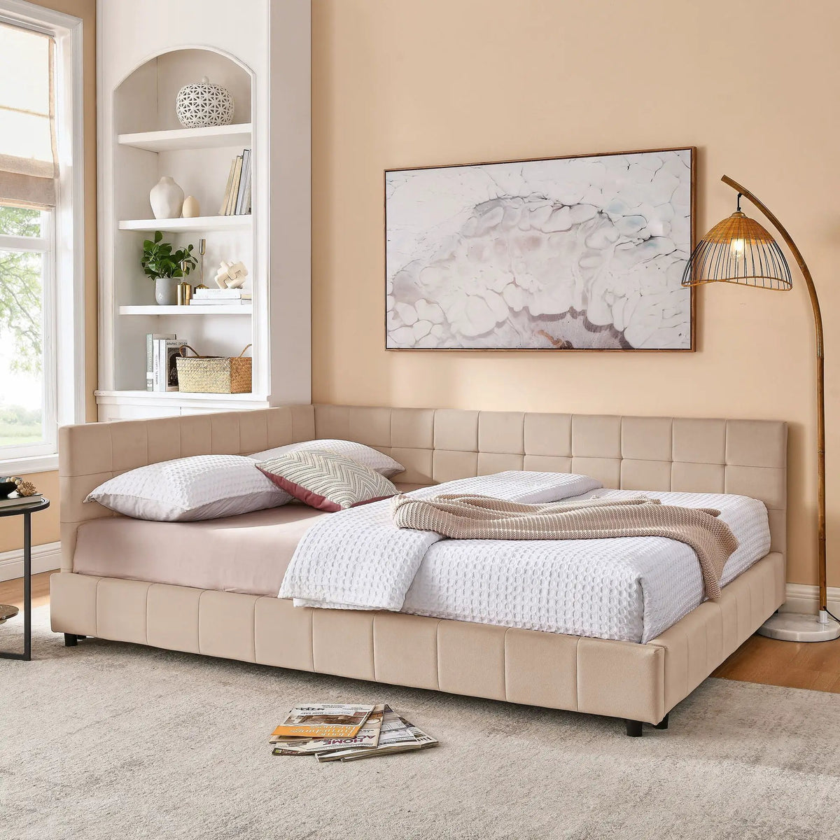 Mid-Century Storage Bed Frame | Upholstered Tufted Design | Backrest And Armrests | Bed Or Sofa Use