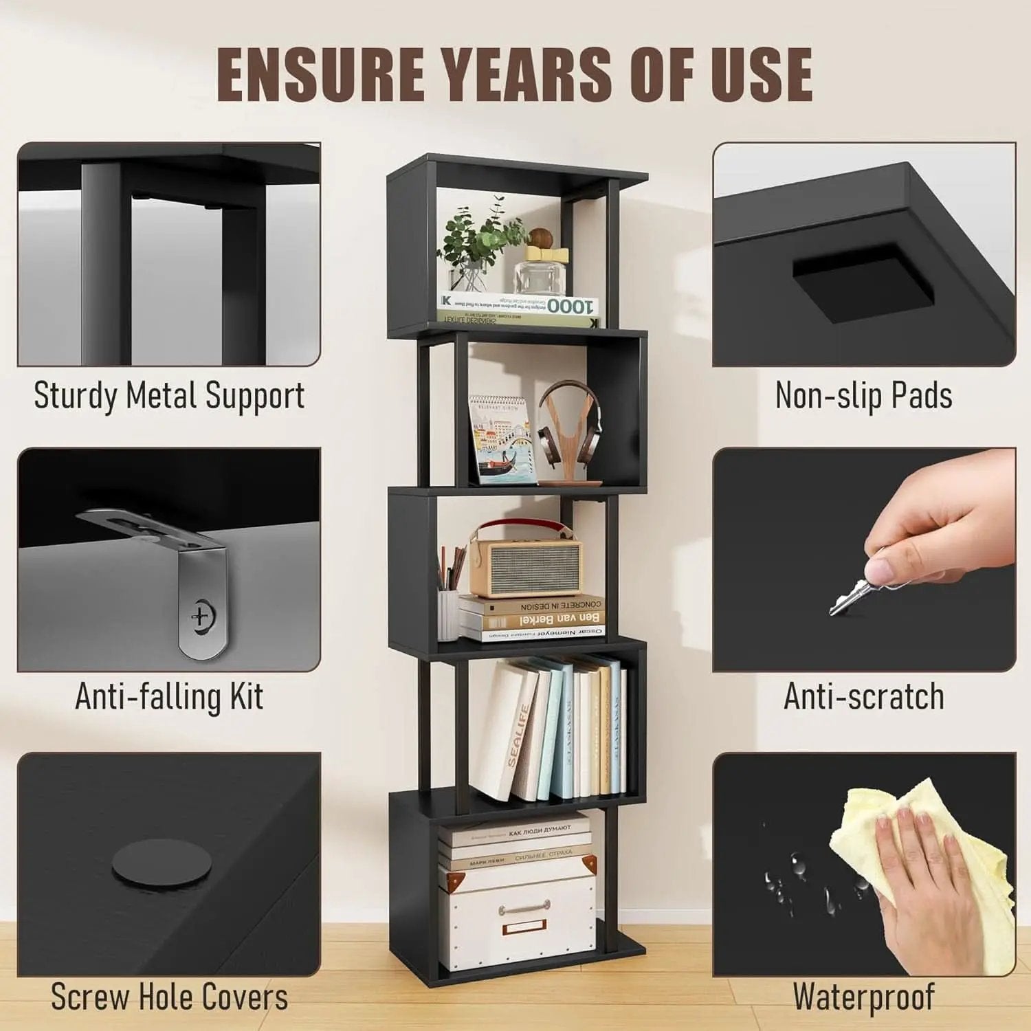 5 Tier S Shaped Bookcase Black Wood And Metal Livingroom from PriceLows™