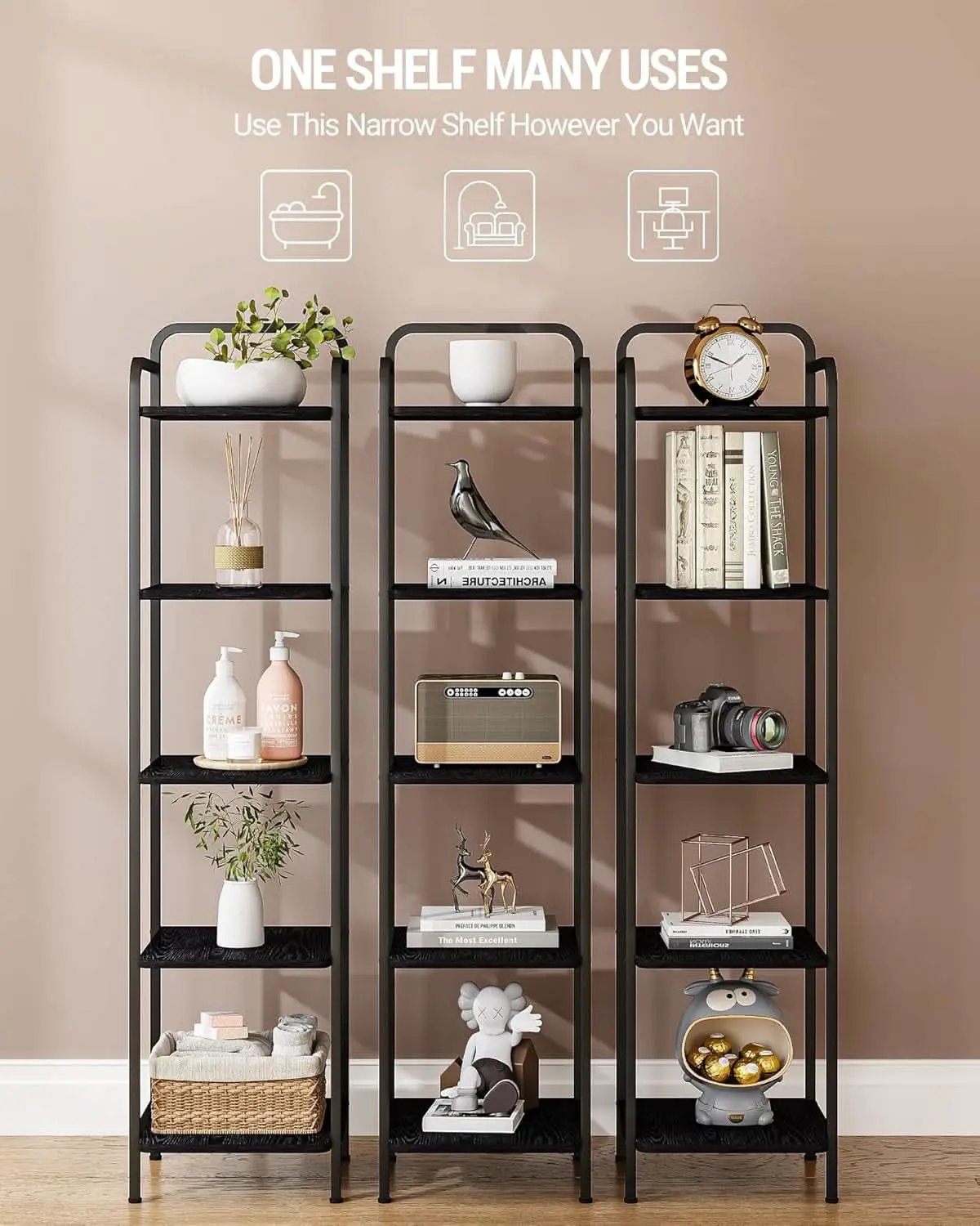 Black 5 Tier Narrow Bookcase Corner Shelf Organizer Industrial Design from PriceLows™