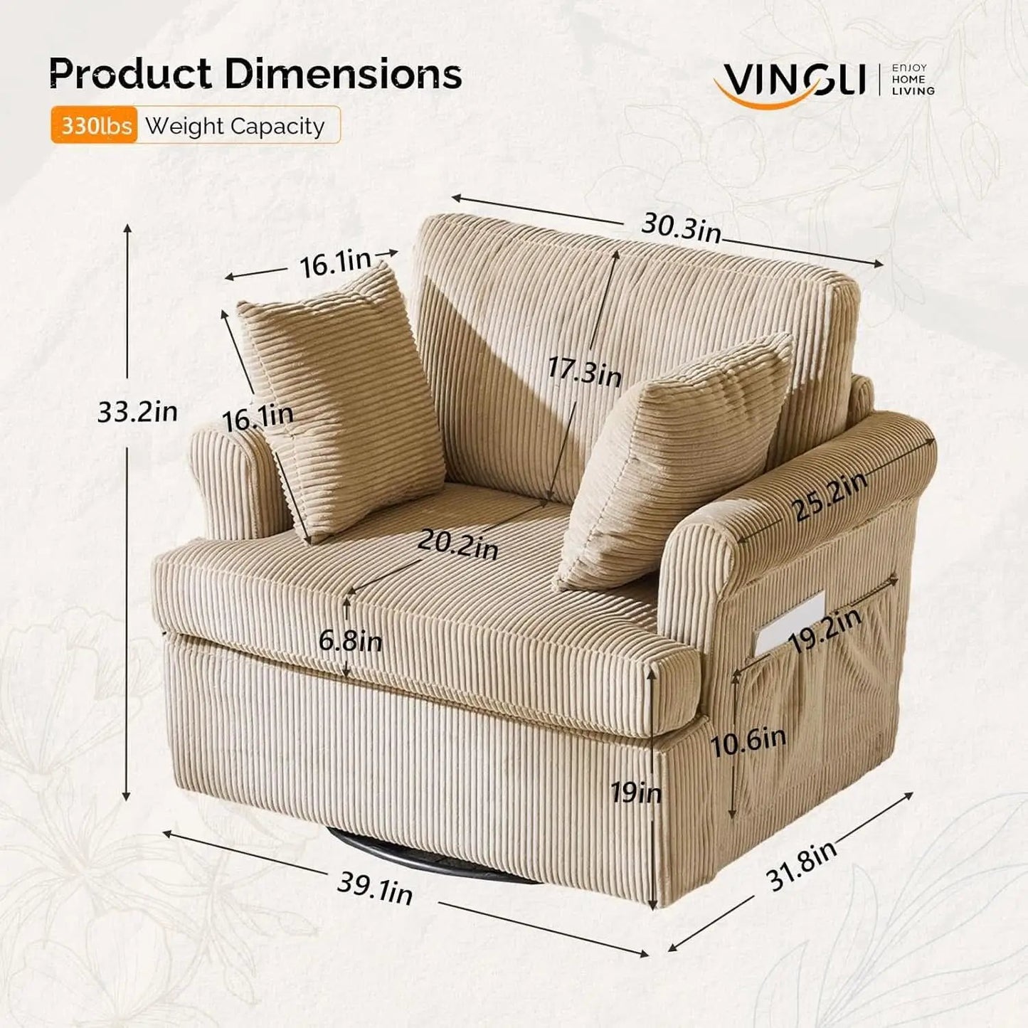 Vingl Modern 39.2Inch ExtraWide Swivel Armchair Khaki from PriceLows™