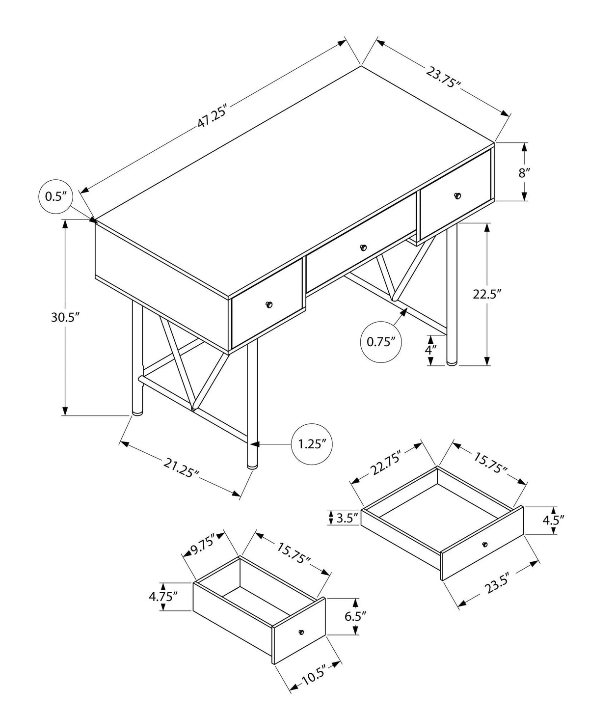 Transitional Computer Desk | Stylish Thick Paneled Design | Two Side Drawers | 30.5 Inch Height