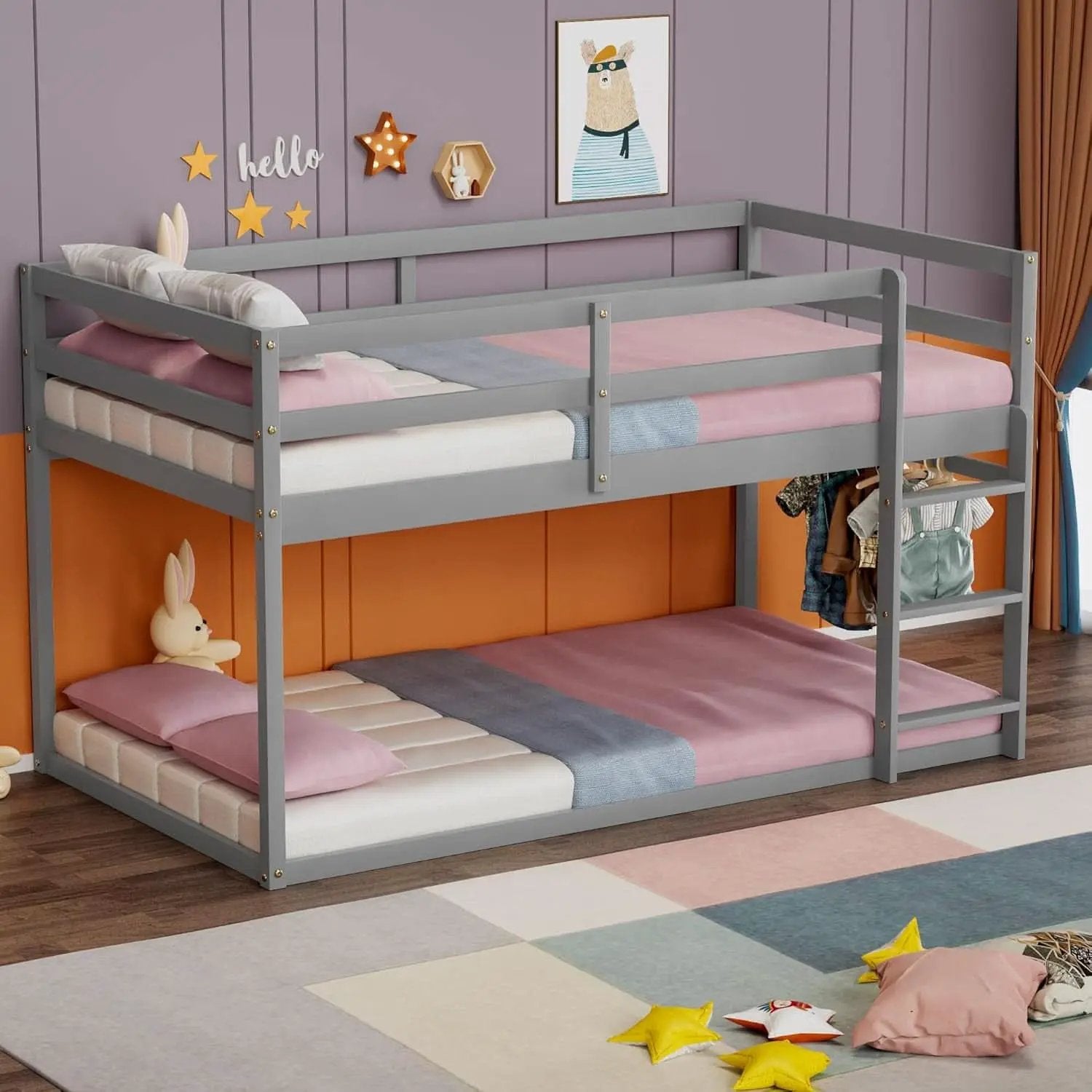 Grey Low Bunk Bed Twin Over Twin With Ladder For Kids Room from PriceLows™