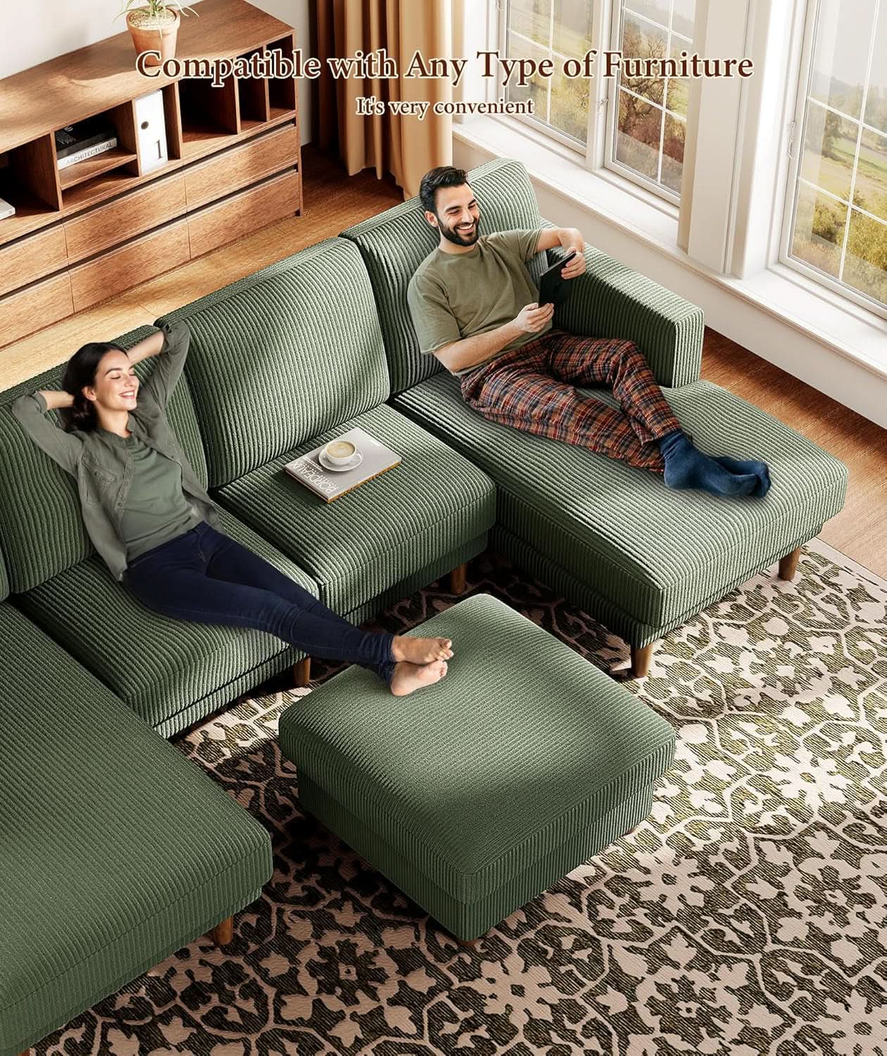 Emerald Corduroy Storage Ottoman 25 Inch Cushioned from PriceLows™