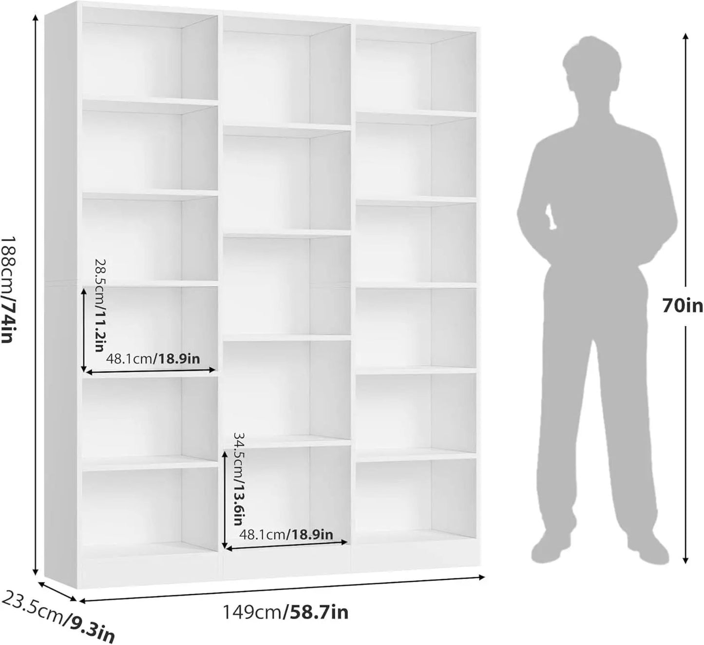 Triple Wide White Bookshelf 6 Tier 74 Inch Tall Unit from PriceLows™