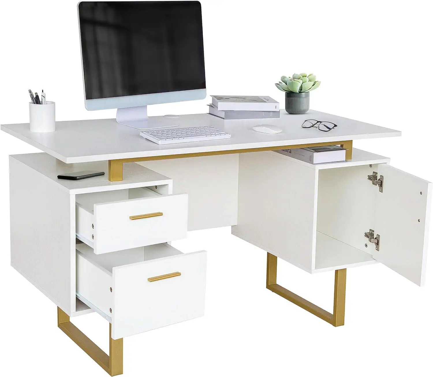 51 Inch White And Gold Desk With Storage Cabinet Drawers from PriceLows™