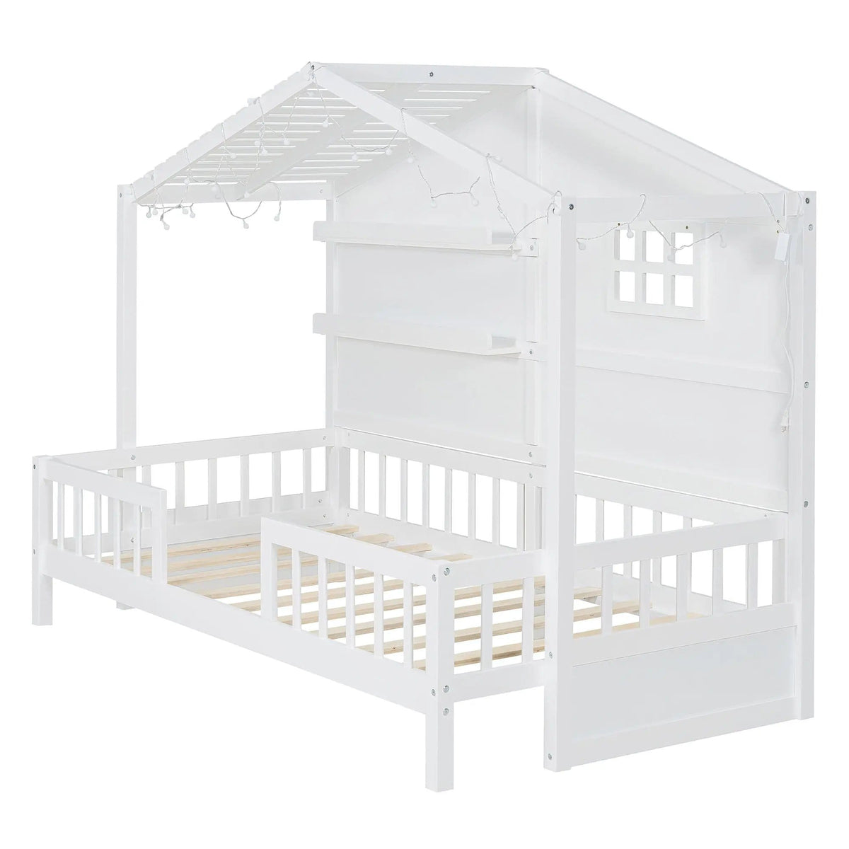 House Bed With Shelves, Window And Sparkling Light Strip On The Roof | 2 Pieces | Bedroom Furniture | Bedroom