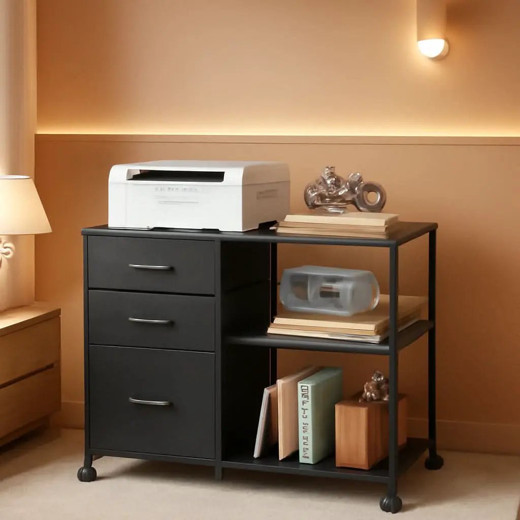 3 Drawer Mobile File Cabinet With Rolling Printer Stand And Open Storage Shelf For A4 Or Letter Size In Black from PriceLows™