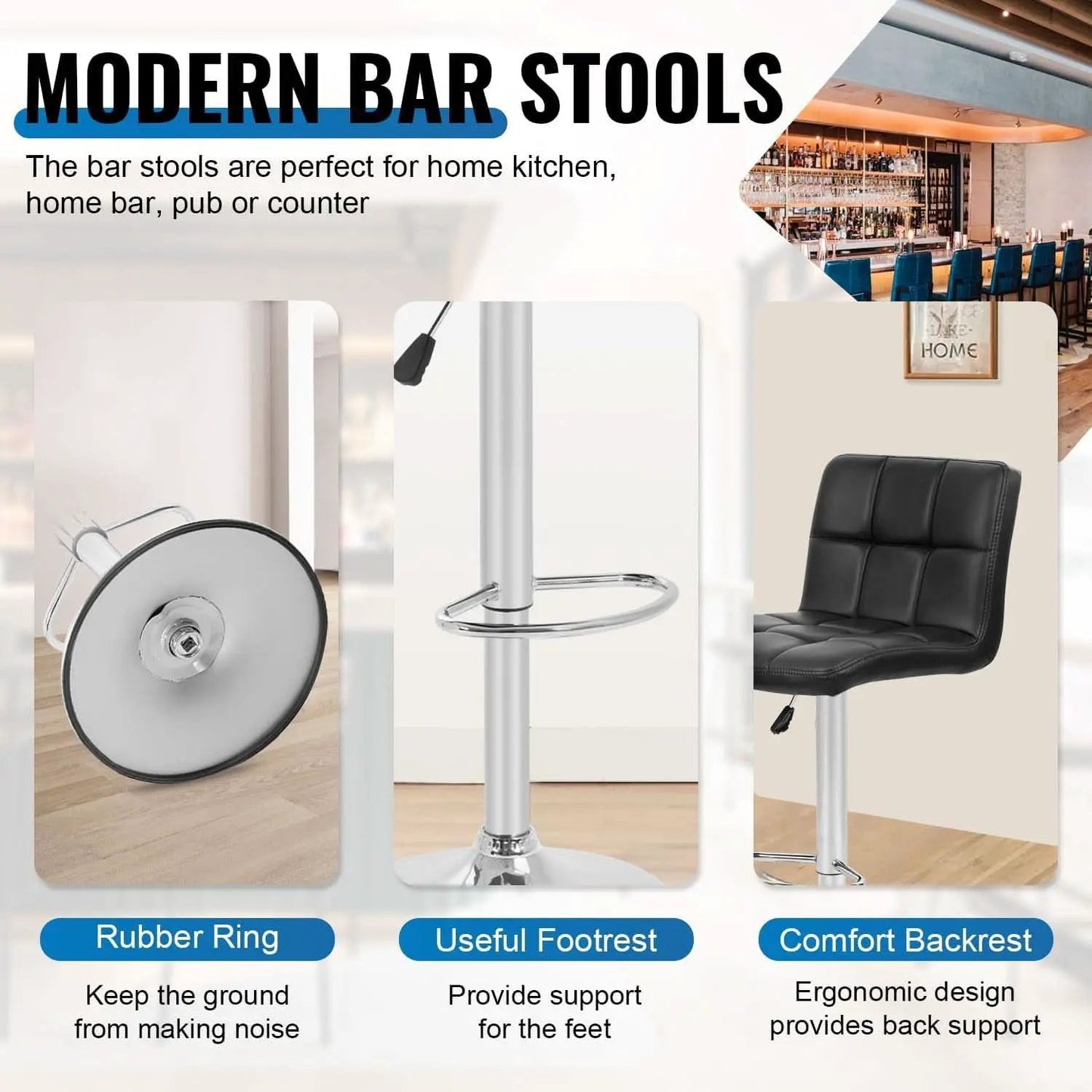 Set Of 2 Adjustable Swivel Bar Stools Black PU Leather from PriceLows™