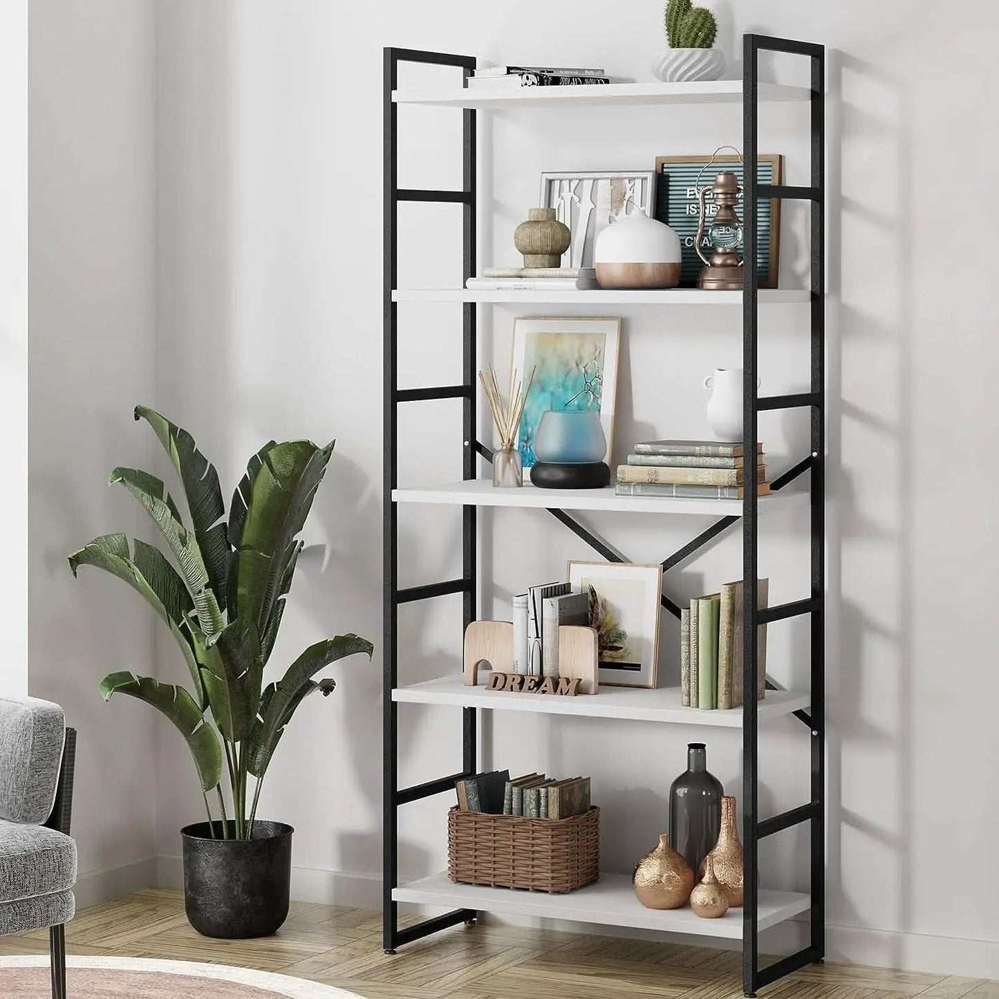Two Piece Five Tier White Bookshelf Set Industrial Modern Bookcase For Living Room Office from PriceLows™
