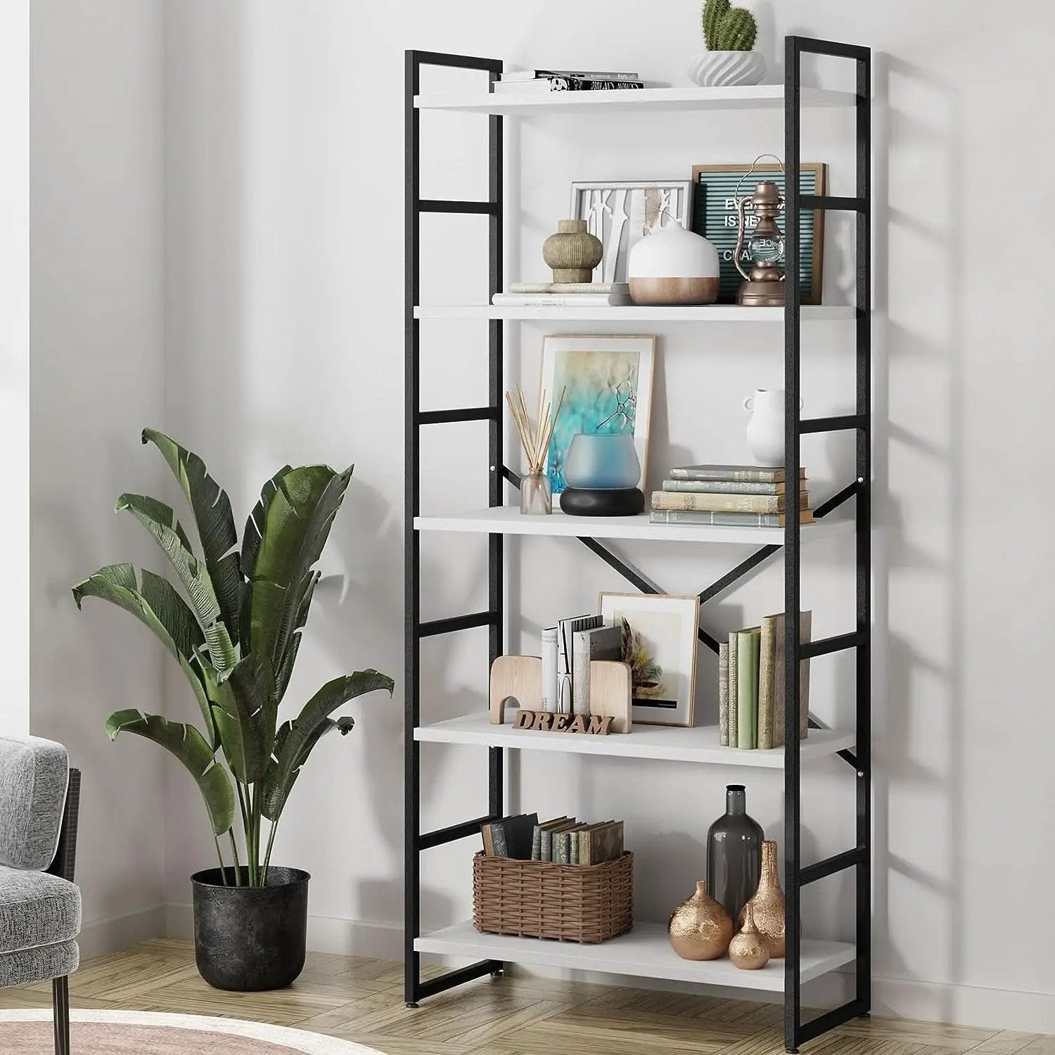 Two Piece Five Tier White Bookshelf Set Industrial Modern Bookcase For Living Room Office from PriceLows™