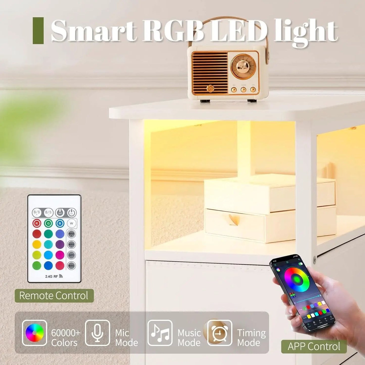 LED Narrow Nightstand With Wireless Charging White from PriceLows™