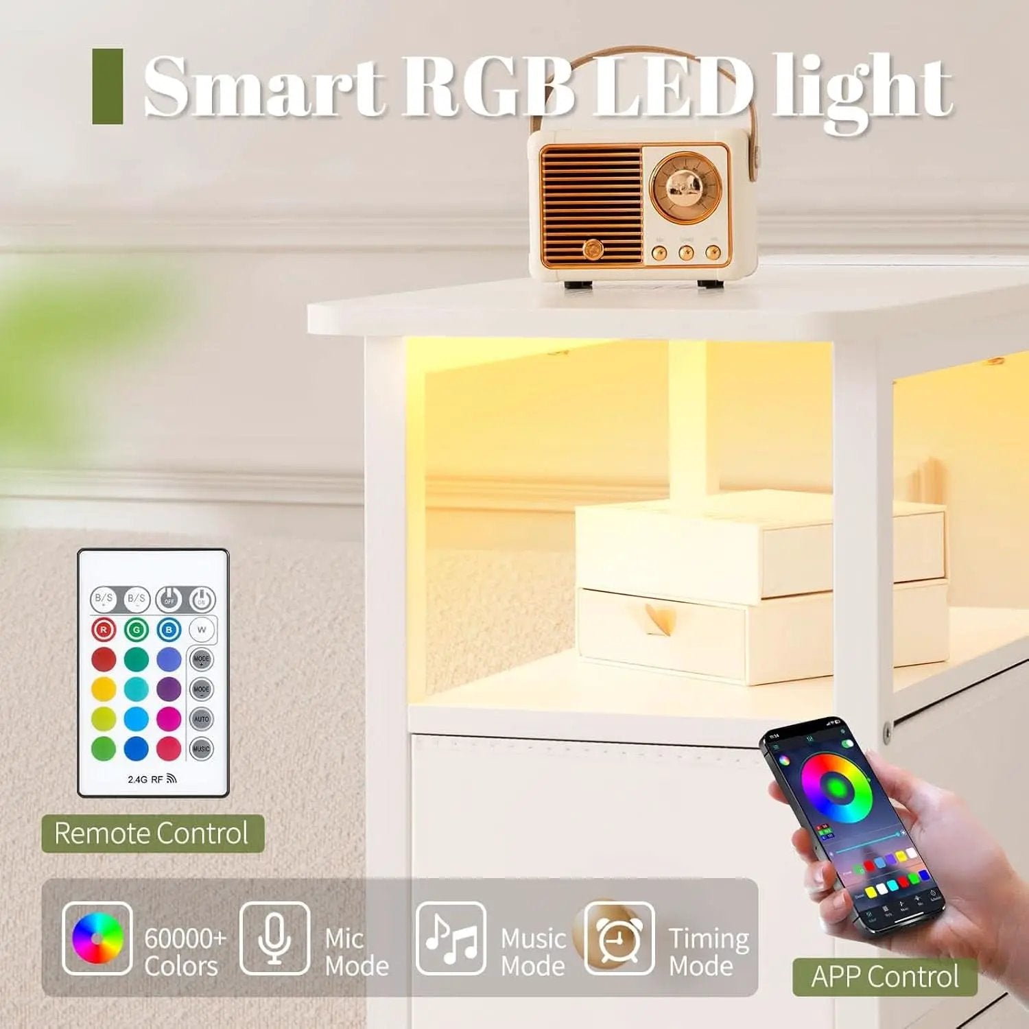 LED Narrow Nightstand With Wireless Charging White from PriceLows™