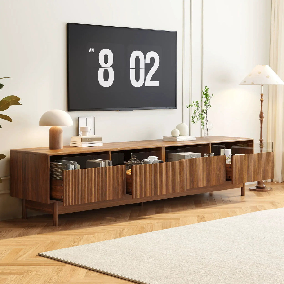 Walnut TV Stand | Fluted Glass Drawers | Entertainment Center | Family-Safe Rounded Corners